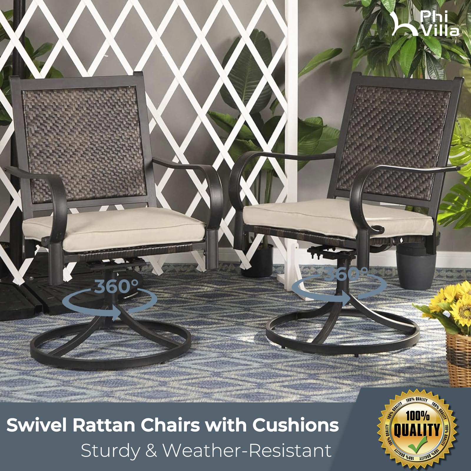 PHI VILLA 2-Piece Dark Brown Rattan Swivel Chairs with Cushions - Indoor/Outdoor Wicker Armchairs for Dining Room, Living Room, Patio, Porch, Yard & Deck - Modern Comfortable Seating for Relaxing & Entertaining