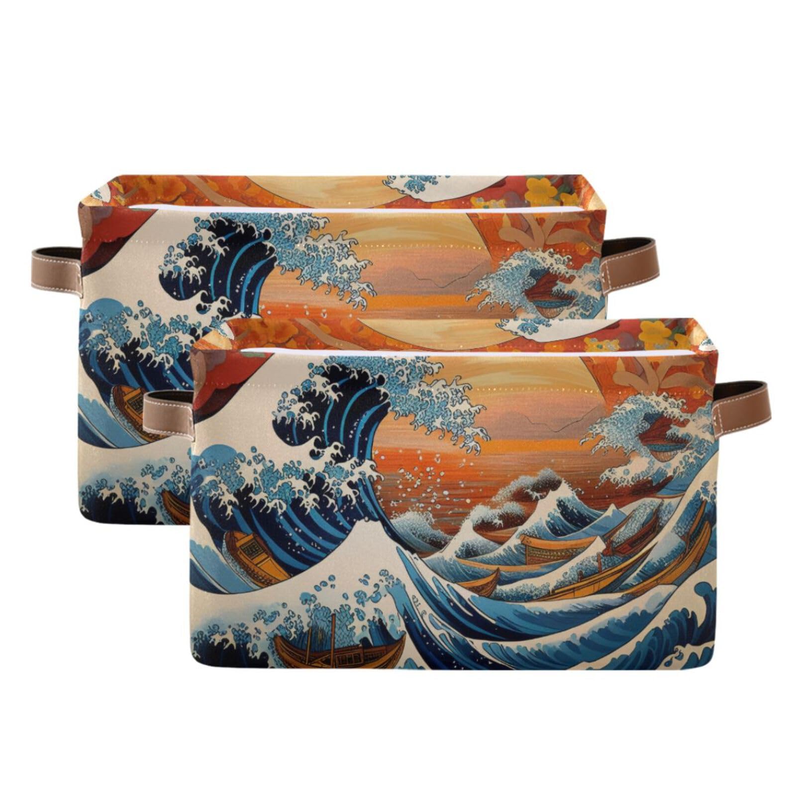 2-Pack Japanese Fabric Storage Bins with Handles - Kanagawa Wave Pattern Closet Organizer Baskets for Clothes, Toys & Home Organization | Perfect for Bedroom, Nursery & Laundry Room Storage