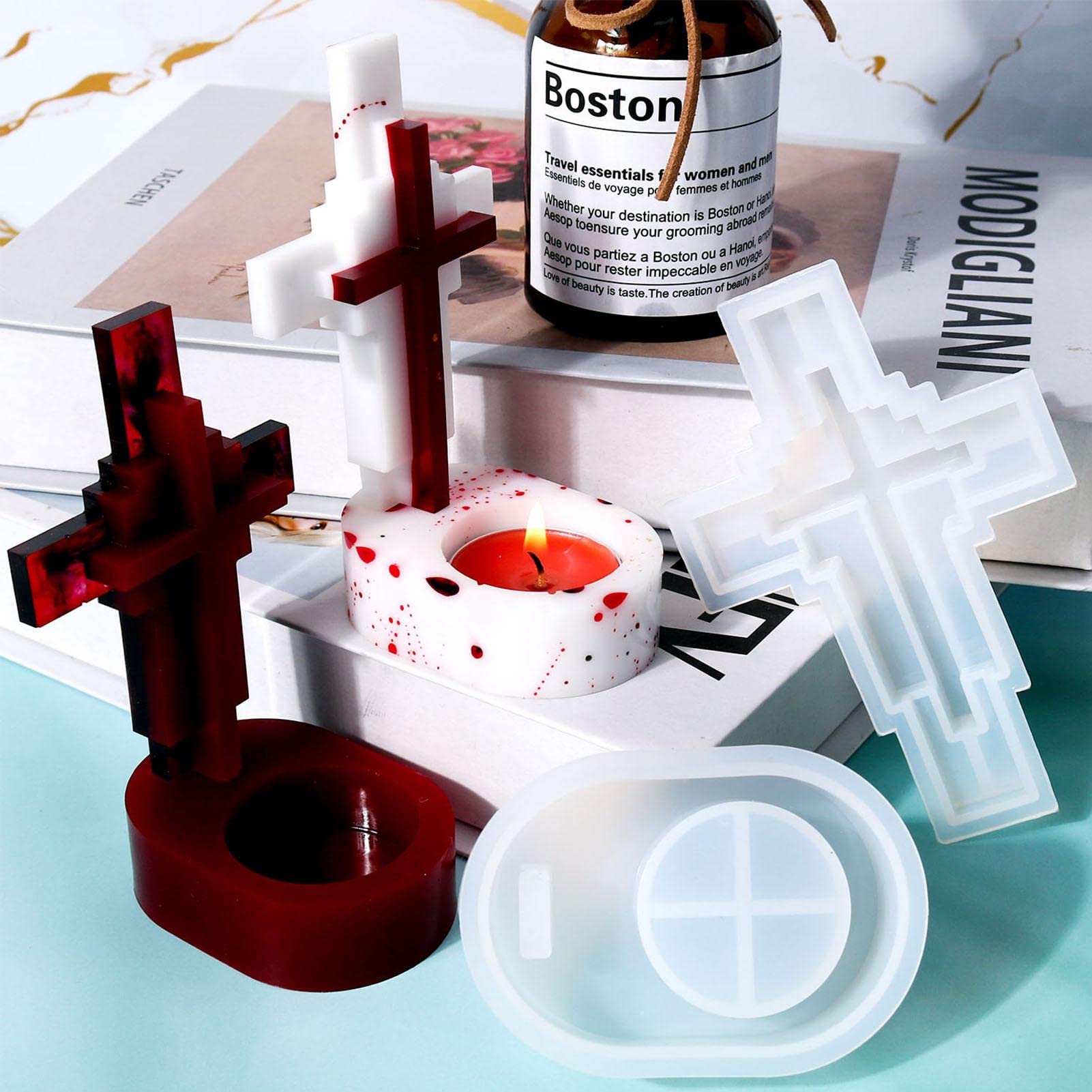 Naysku 3D Cross Candle Holder Silicone Mold with Base - DIY Resin Casting Mold for Tealight Candles, Epoxy Mould for Home Decor & Craft Projects - Perfect for Christmas, Easter, Wedding Centerpieces and Religious Ceremonies