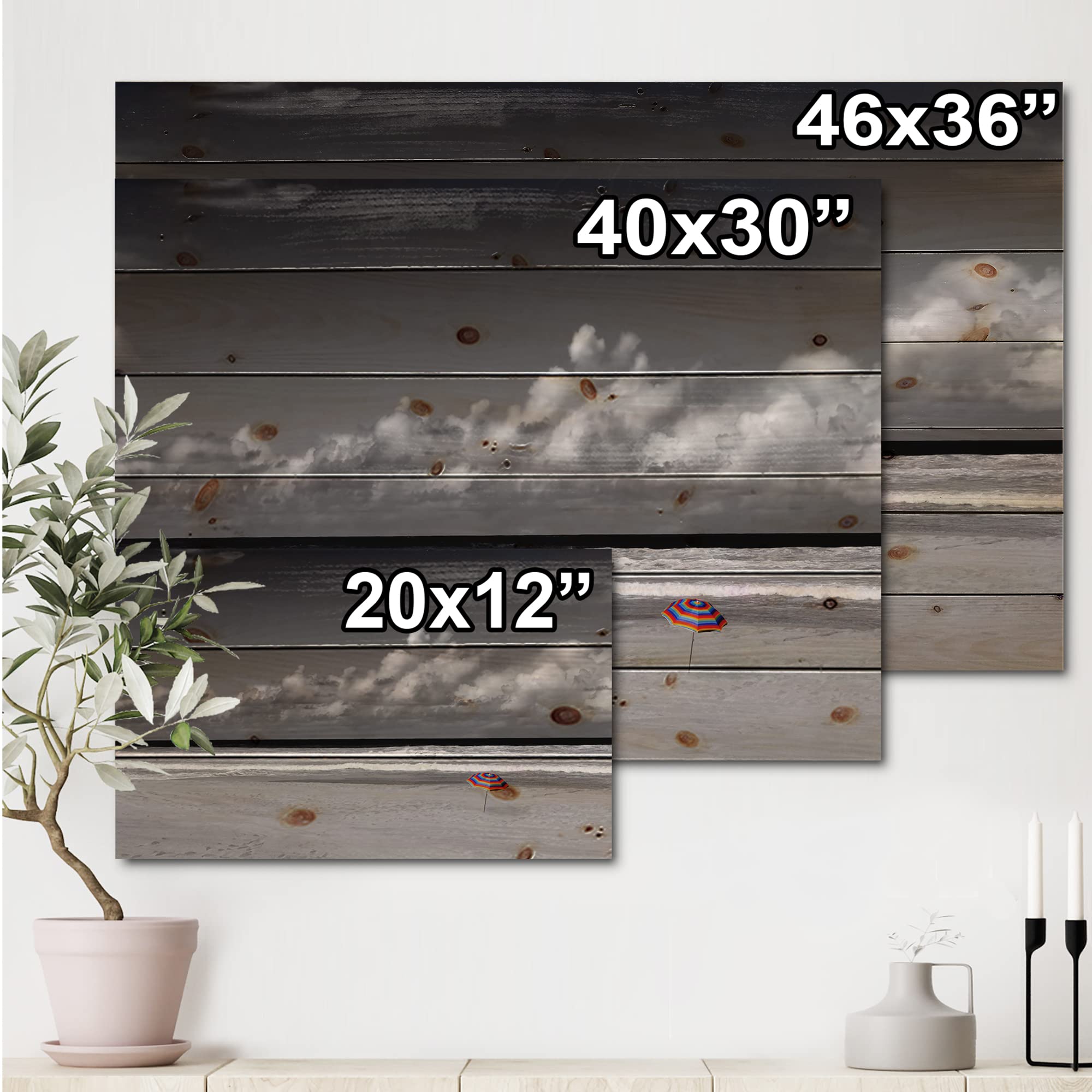 DesignQ Monochrome Coastline Under Cloudy Sky Lake House Wood Wall Decor - Grey Wood Wall Art - Large Landscape Wood Panels Printed on Natural Pine - Perfect for Living Room, Bedroom & Office Decor