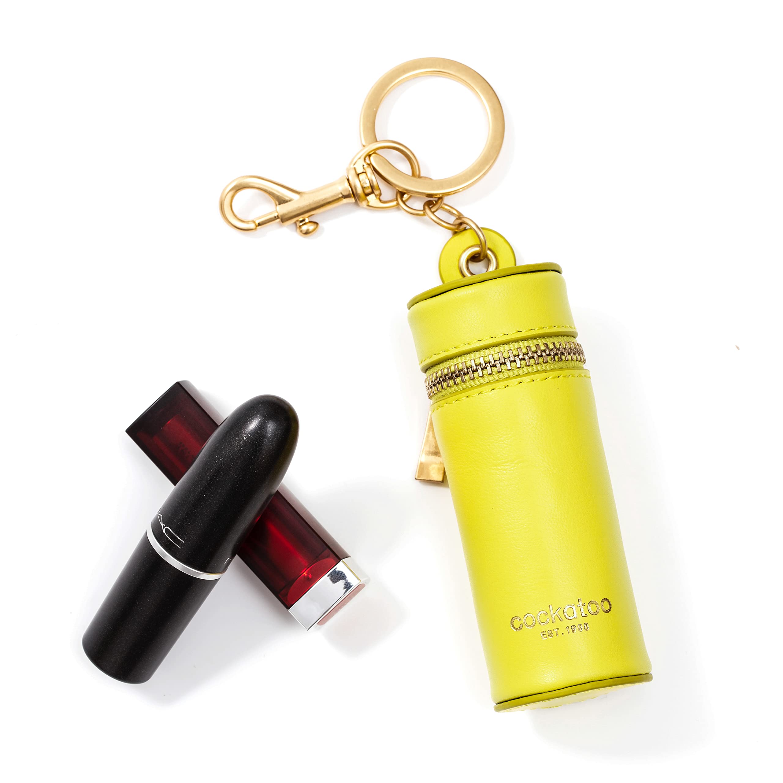 Premium Cockatoo Nappa Leather Lipstick Case with Zipper & Keychain - Stylish Chapstick Holder Keyring for Women (Chartreuse) | Perfect for Travel, Parties & Everyday Makeup Organization