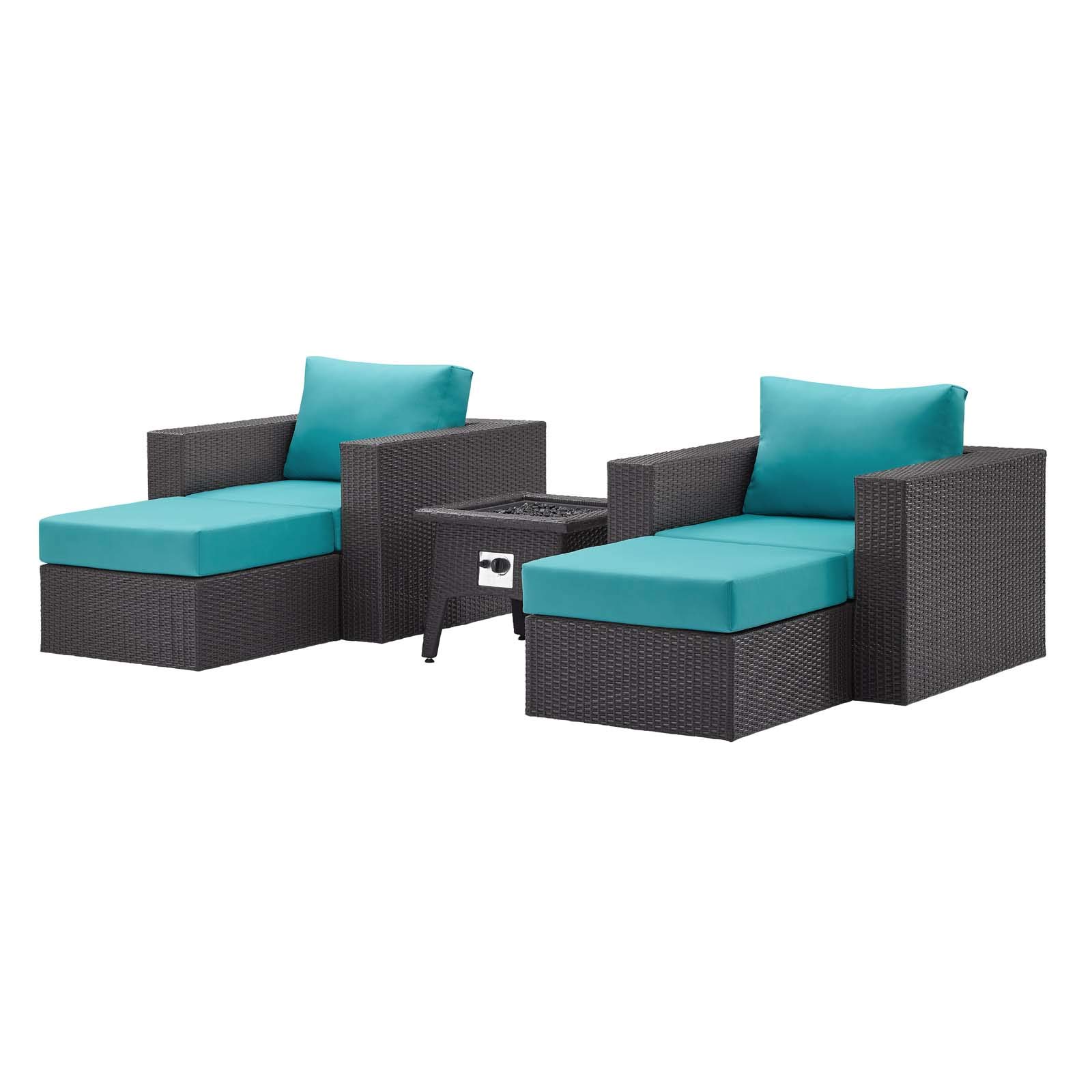 Modern Outdoor Patio Lounge Sofa Set with Chair & Coffee Table Fire Pit - Blue Fabric Rattan Wicker Furniture for Backyard, Garden, and Poolside Relaxation