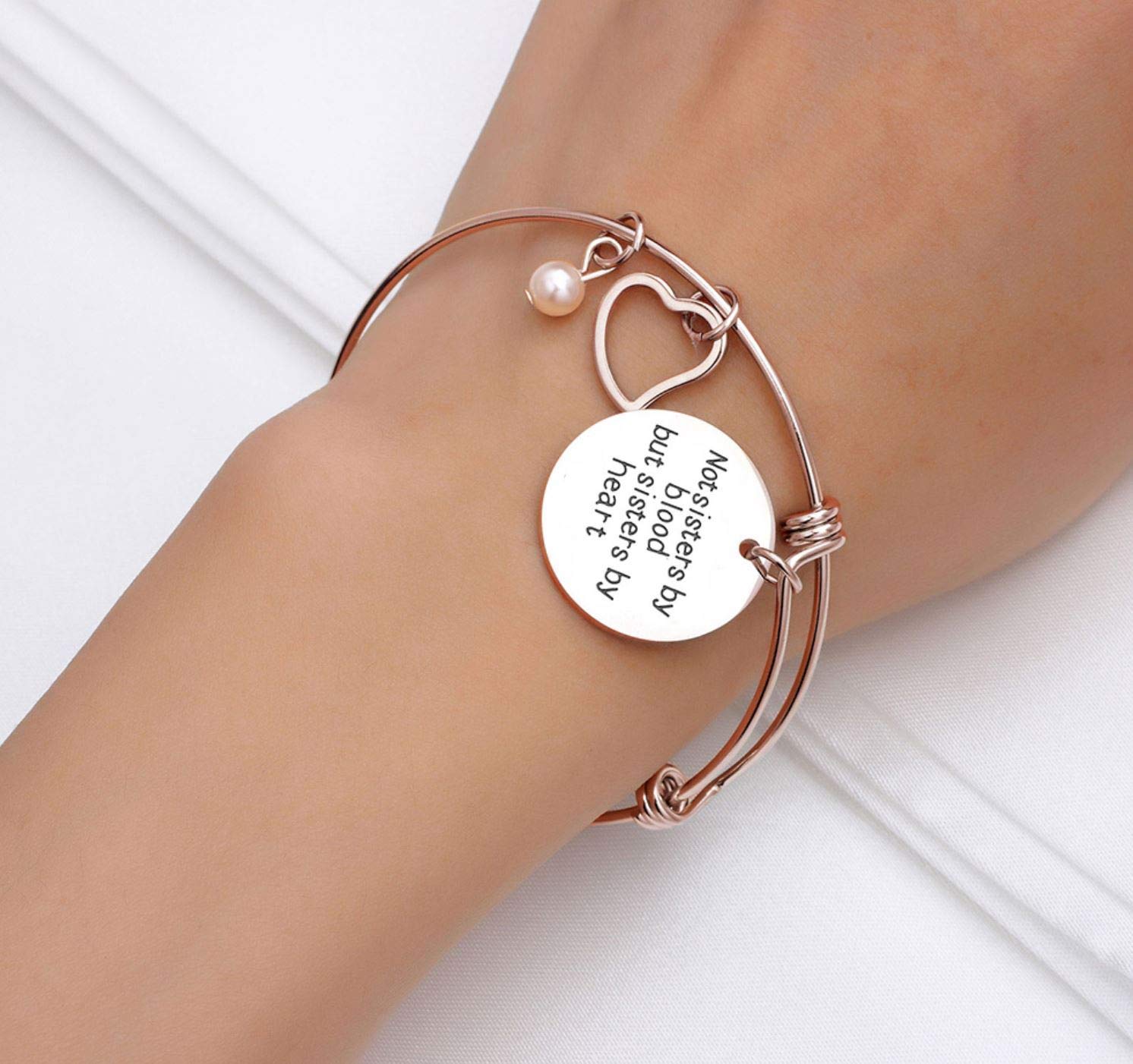 Best Friend Bracelet for Women - Rose Gold Heart Charm Engraved Friendship Bracelet 