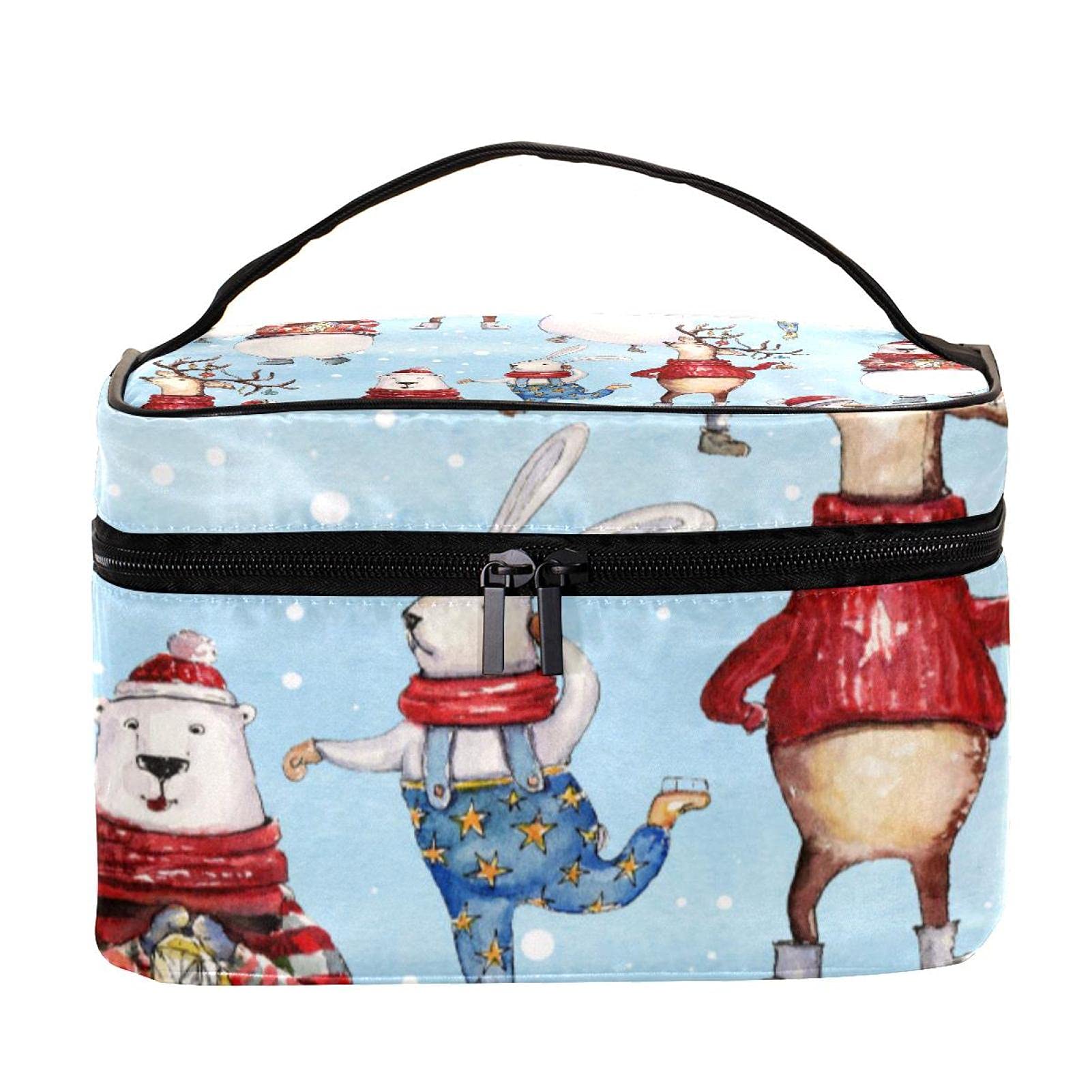 Winter Christmas Themed Large Makeup Bag - Polar Bear, Bunny, Deer & Snowman Travel Cosmetic Organizer with Zipper for Women & Girls | Perfect for Holiday Travel, Gifts & Daily Toiletry Storage