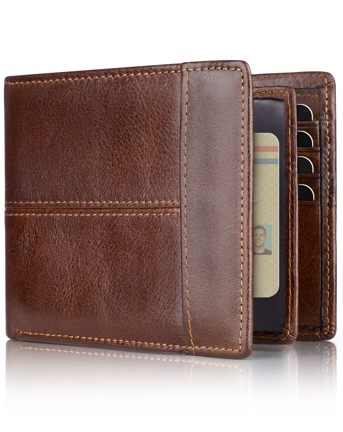 Premium RFID Blocking Leather Wallet for Men - Slim Bifold Design with 1 ID Window & 16 Card Slots | Durable Genuine Leather Wallet for Everyday Use, Travel & Business