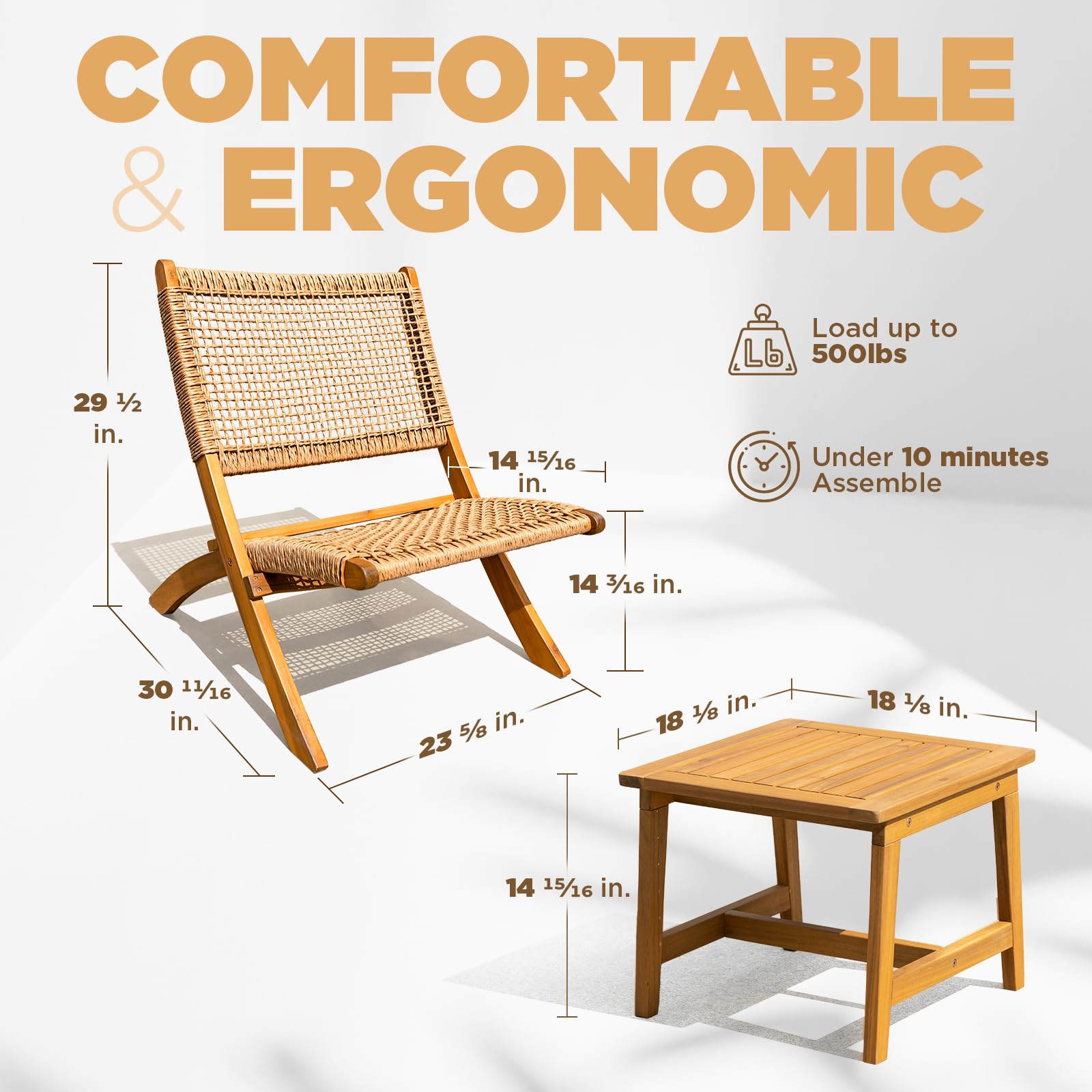 IDZO 400lbs Capacity Twisted Wicker Foldable Reclining Bistro Set of 3 - FSC Certified Acacia Wood Patio Furniture for Outdoor, Garden, Balcony & Indoor Use - Perfect for Backyard Relaxation, Poolside Lounging and Dining Al Fresco