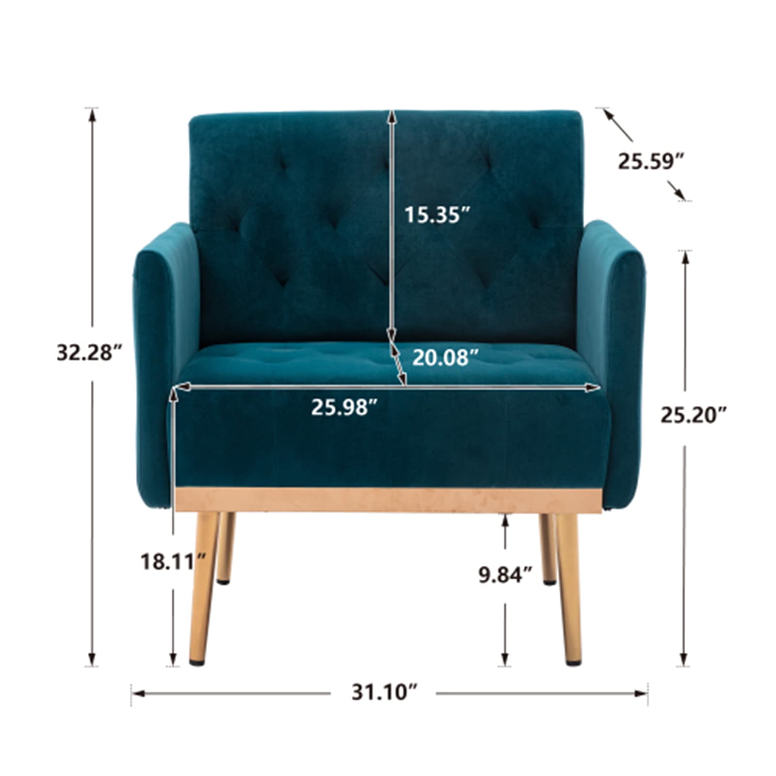 Square Velvet Accent Chair with Golden Metal Legs - Modern Single Sofa Chair for Living Room, Bedroom, Coffee Shop & Reception Area (Teal) | Perfect for Home Decor, Office Waiting Room & Cafe Seating