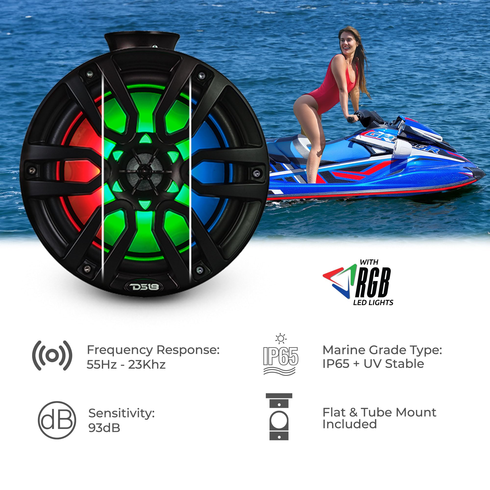 DS18 CF-PS8 2-Way Wakeboard Tower Speakers with Integrated RGB Lights - 375 MAX - Perfect for Jet Skis, ATV, UTV, Jeep, Side by Side, Marine, RZR - Ideal for Boating, Off-Road Adventures, and Outdoor Parties