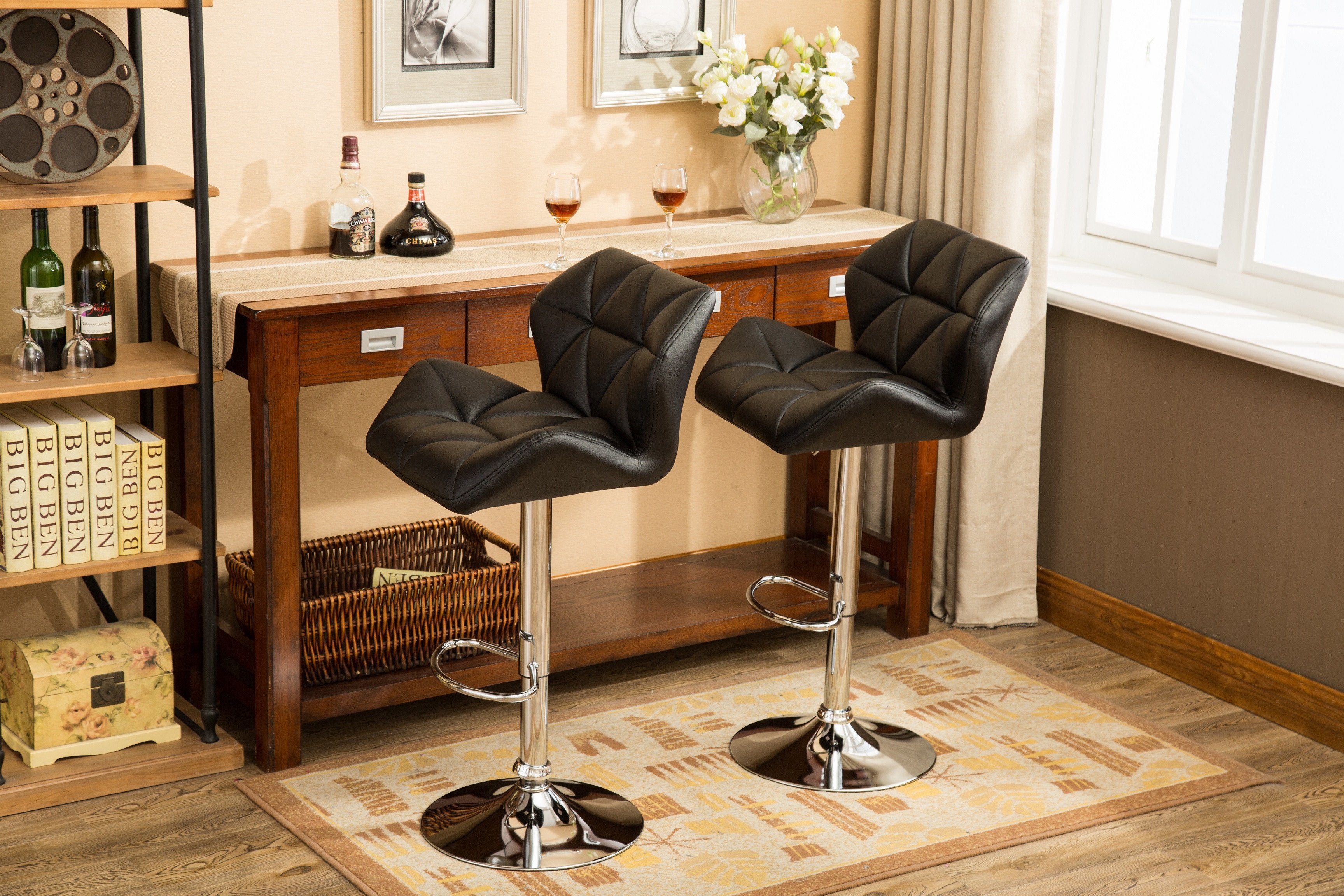 Roundhill Furniture Glasgow Contemporary Tufted Adjustable Height Hydraulic Bar Stools, Black, Set of 2 - Perfect for Kitchen Islands, Home Bars & Modern Dining Areas