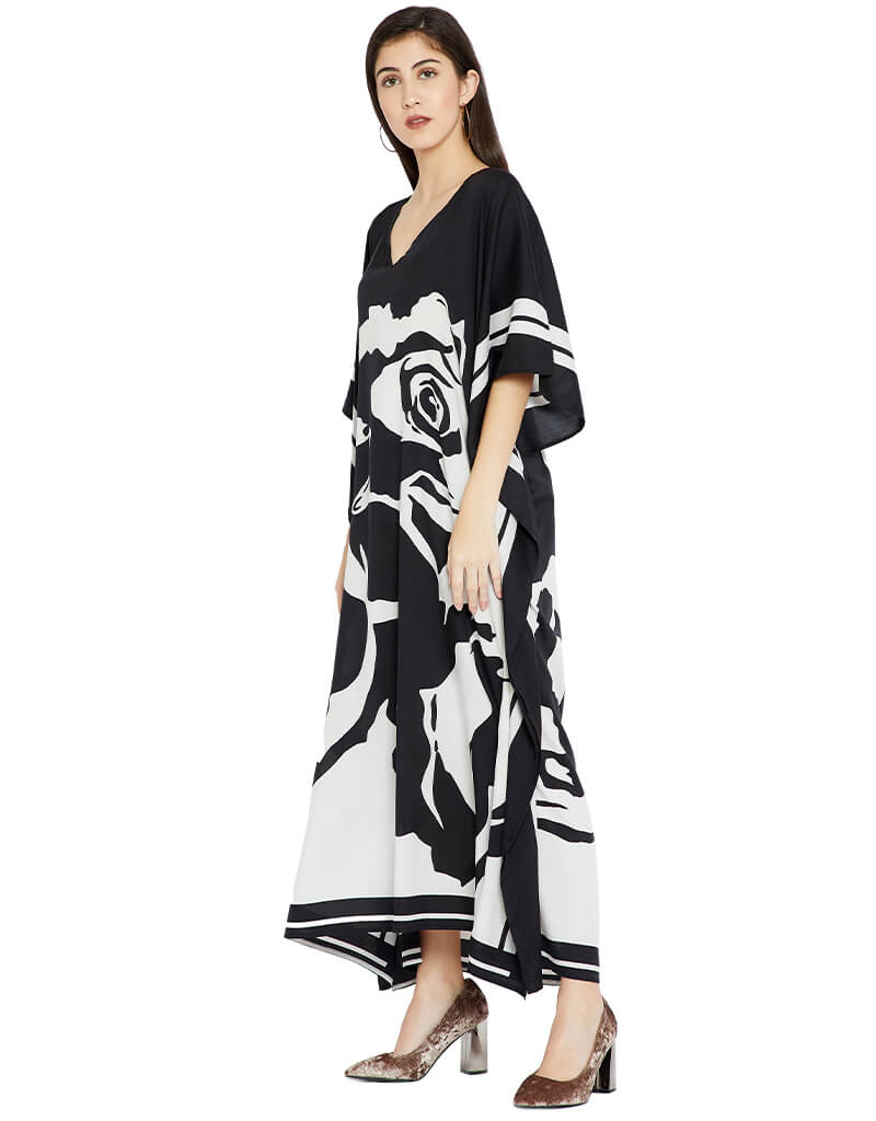 Luxury Black and White Silk Crepe Kaftan Dress - Elegant Flowy Beach Cover Up for Women - Perfect for Vacation, Poolside, and Summer Evenings