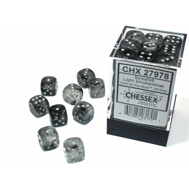 Borealis Luminary 12mm D6 Light Smoke/Silver Dice Set (36-Piece) - CHX27978 | Perfect for D&D, RPGs, Board Games & Collectors