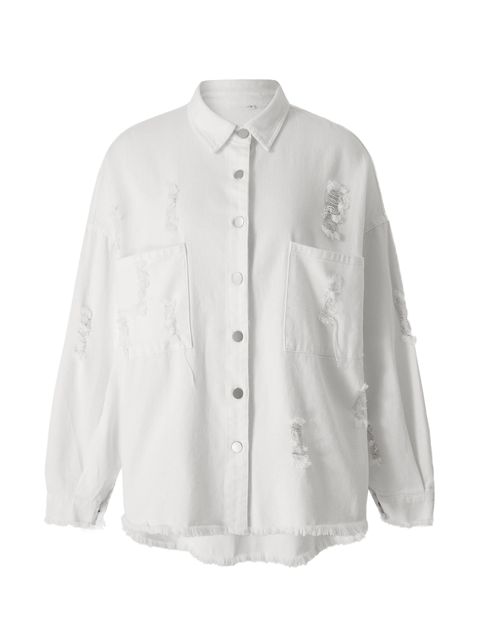 Distressed Denim Jacket for Women - Fringe Hem & Ripped Holes Design with Functional Pockets | Casual Outfit Essential for Streetwear & Layering Looks