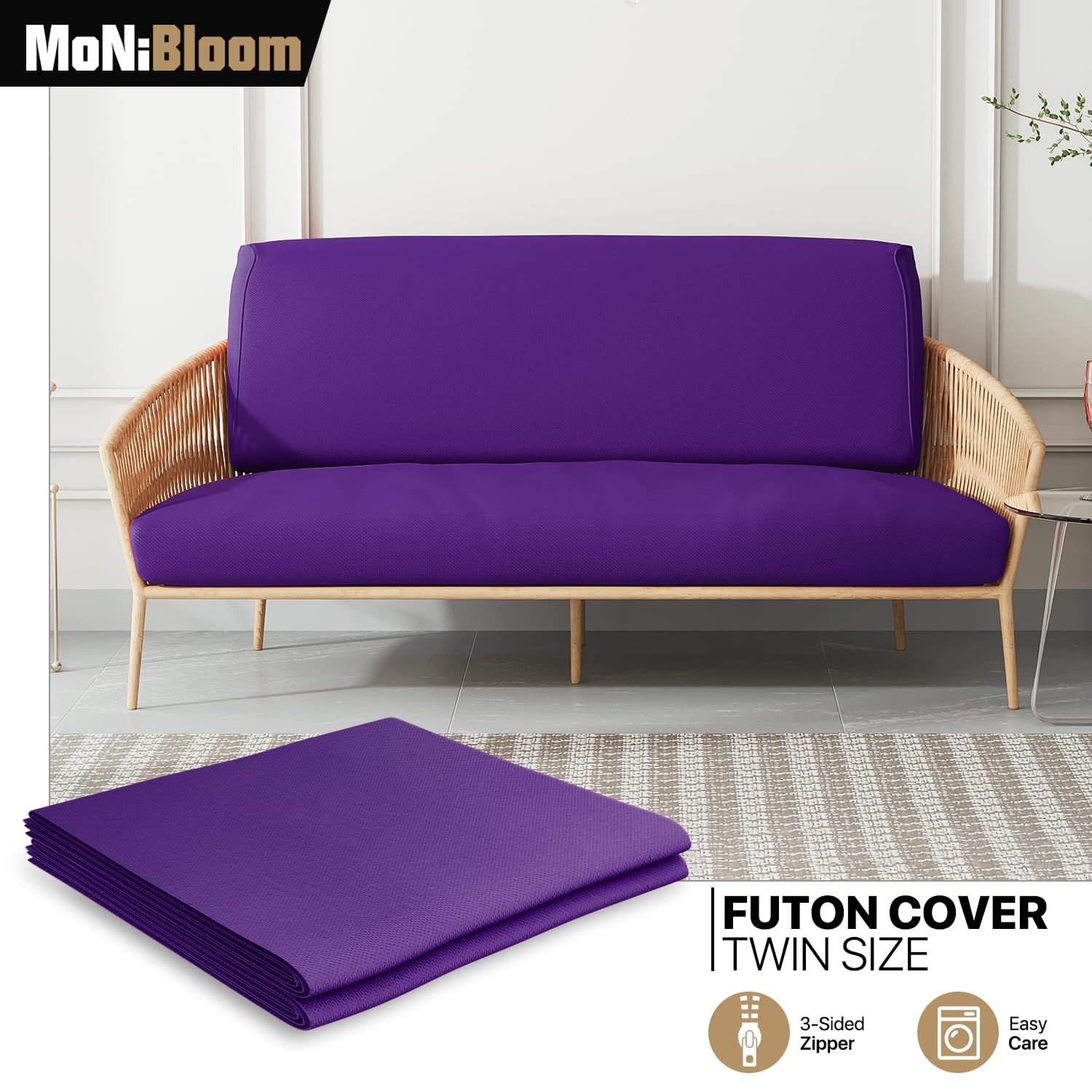 MoNiBloom Twin Stretch Futon Slipcover - Washable Zippered Armless Sofa Cover for Adults, Kids & Pets - Furniture Protector for Jackknife RV Sofas (Purple) | Perfect for Living Rooms, Dorms and Campers