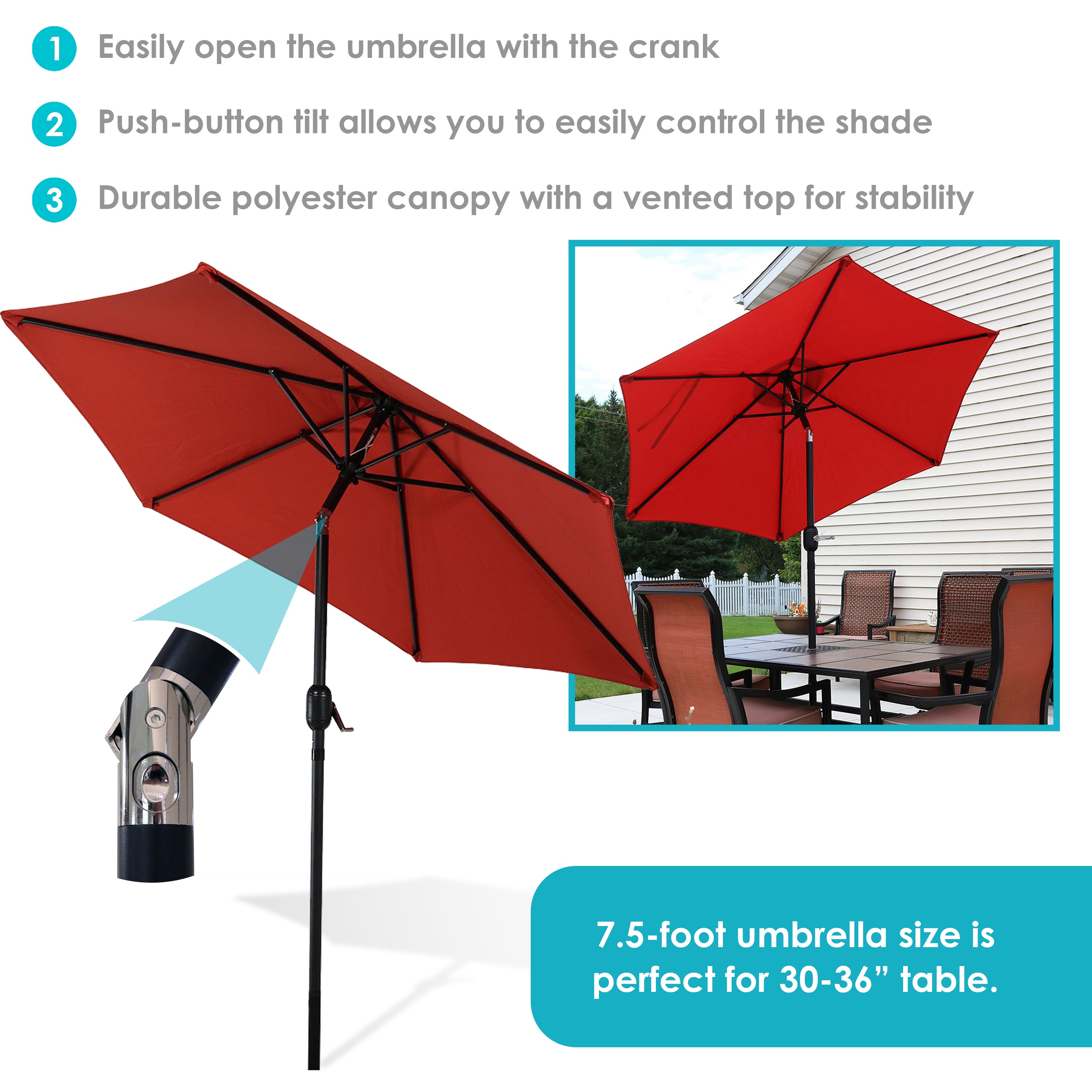 Sunnydaze 7.5 Foot Aluminum Outdoor Patio Umbrella with Tilt & Crank - Perfect for Backyard, Poolside, and Garden Shade