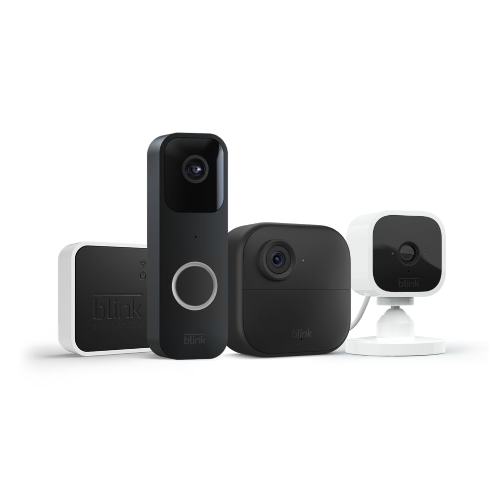Blink Whole Home Security Bundle – Black Video Doorbell System, Outdoor 4-Camera Set & White Mini Camera | HD Video, Motion Detection, Alexa Compatible for Home & Business Surveillance