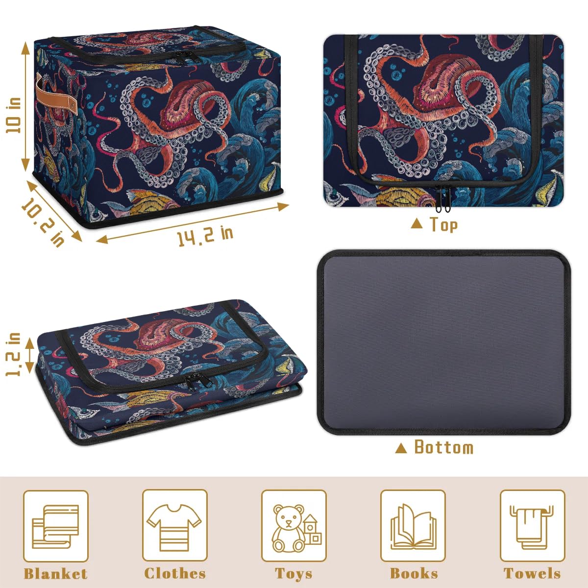 2-Pack Stackable Underbed Storage Bins with Zipper Lid & Metal Frame - Octopus Design PU Handled Closet Organizer for Clothes, Toys & Seasonal Items | Perfect for Bedroom, Dorm & Small Space Organization