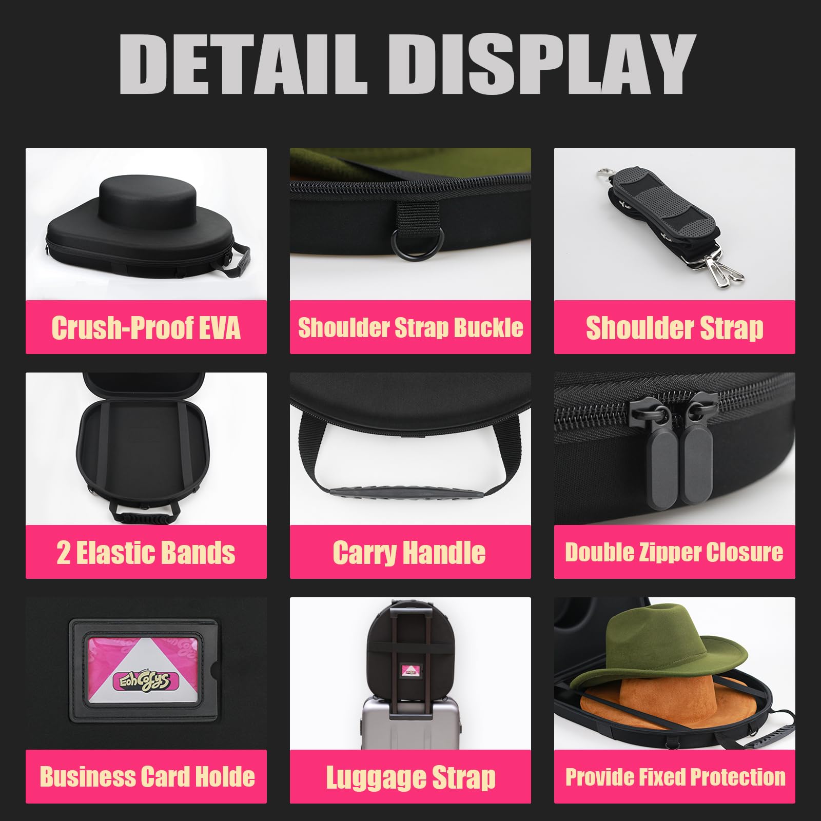 Crush Proof Cowboy Hat Travel Case - Durable Fedora & Panama Straw Hat Carrier (17x15) for Airplane, Road Trips & Outdoor Adventures