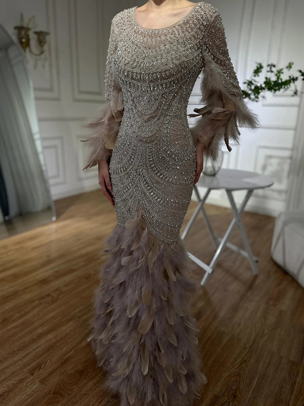 Luxury Dubai Nude Saudi Arabic Evening Gown with Beaded Feathers - Elegant Formal Dress for Women LA72736 | Perfect for Weddings, Galas & Special Occasions
