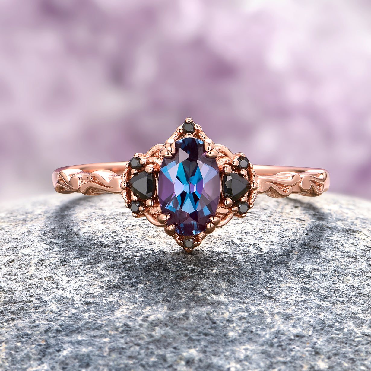 Esme Alexandrite & Black Onyx Engagement Ring - 14K Rose Gold Vermeil Wedding Band for Women, Unique Vintage Style Jewelry Gift for Her, Perfect for Proposals, Anniversaries & Special Occasions