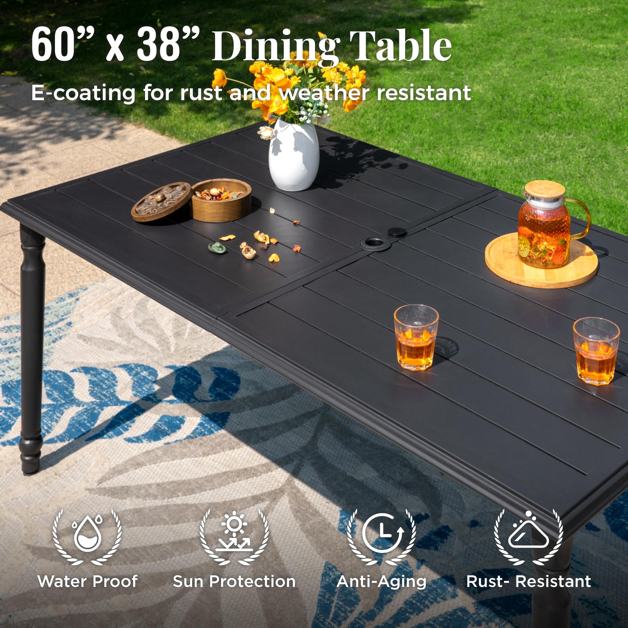6-Person Outdoor Patio Dining Table with Umbrella Hole - Durable Metal Rectangle Table for Lawn, Garden, Backyard & Porch | Perfect for Summer BBQs, Poolside Gatherings & Al Fresco Dining