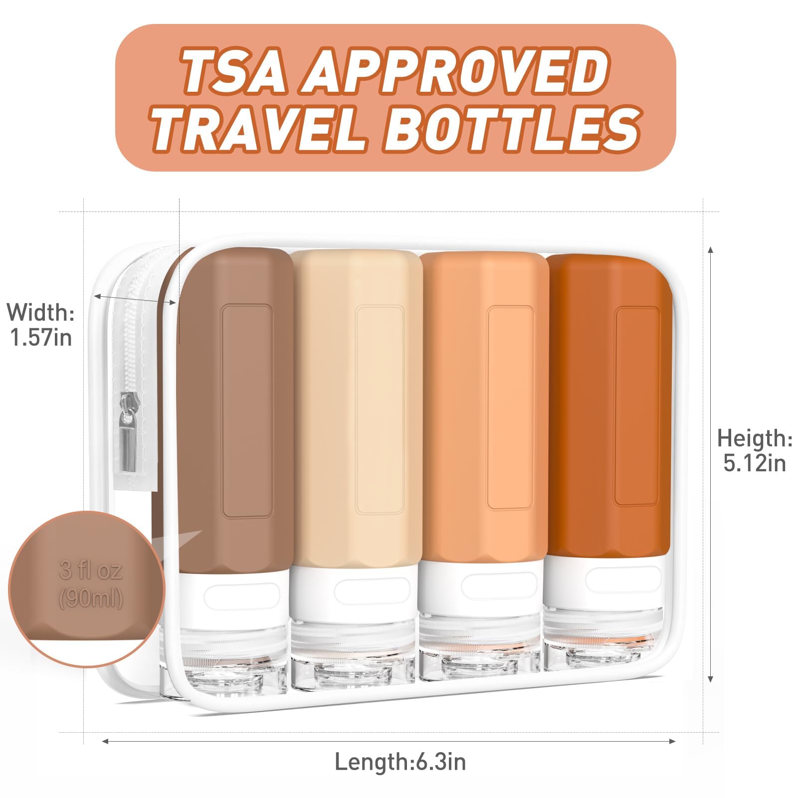 Redfly 3oz TSA Approved Travel Bottles for Toiletries - BPA Free Leak Proof Squeezable Silicone Containers for Shampoo, Conditioner & Lotion - Perfect for Airplane Carry-On, Gym Bag & Vacation Essentials