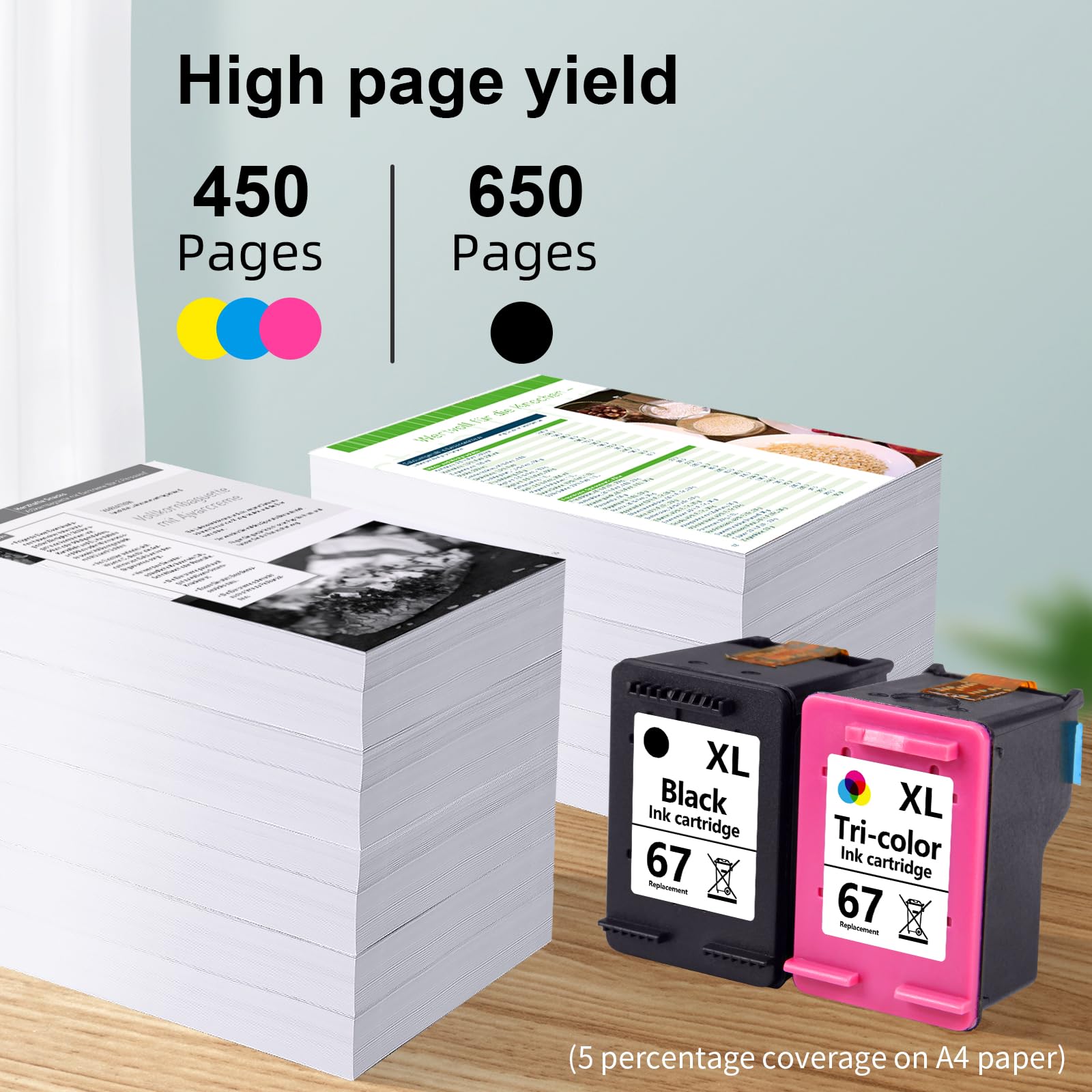 High Yield 67XL Ink Cartridges Combo Pack - Replacement for HP 67 Ink - Compatible with HP DeskJet 1255, 2732, 2752, 4140, 4152 Series Printers (1 Black, 1 Tri-Color) - Perfect for Home Office Printing, Documents & Photos