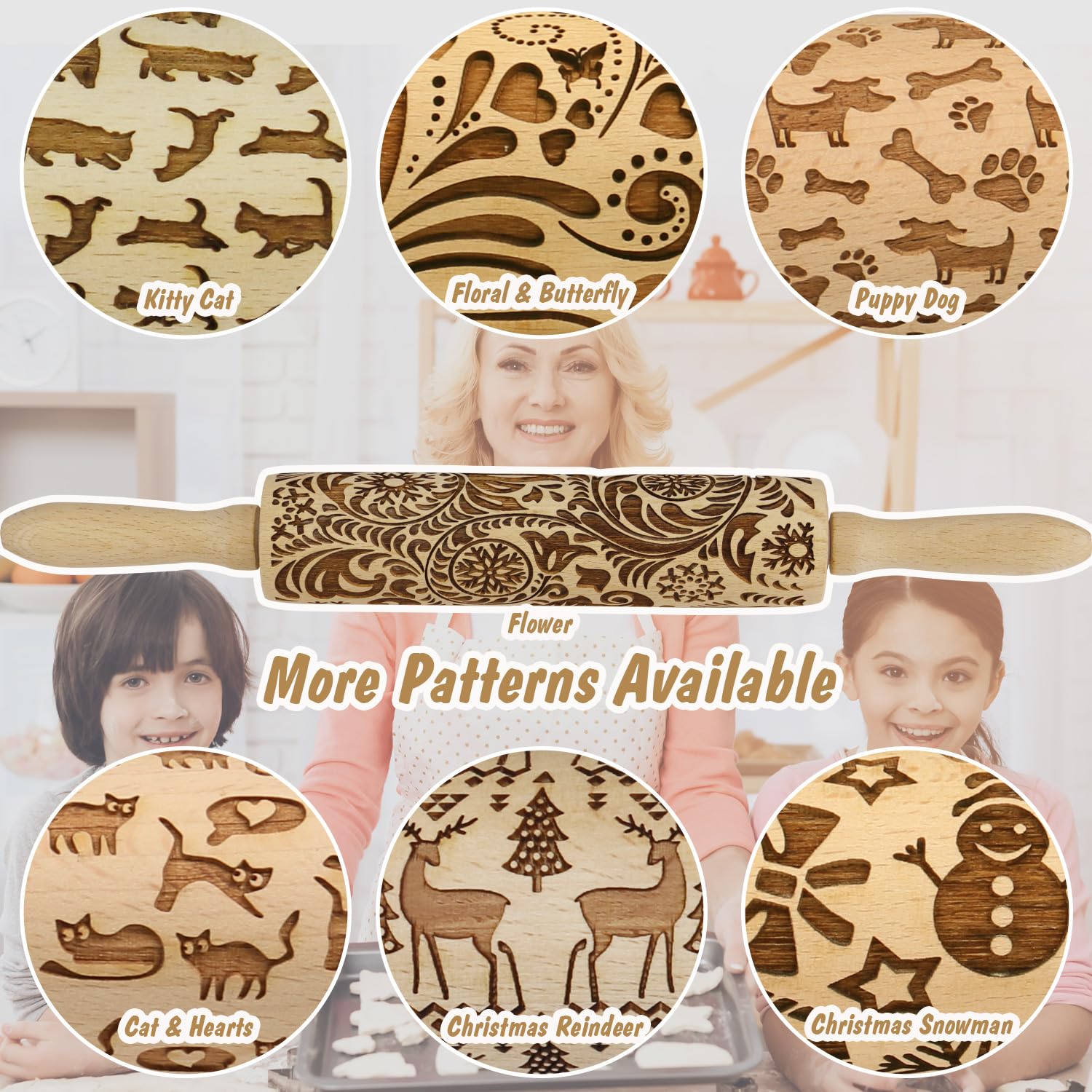 Wooden Embossed Rolling Pin for Baking Cookies - Cat & Heart Design - Engraved Springerle Dough Roller for Animal Patterns, Clay Pottery & Ceramic Stamping - Perfect Gift for Bakers, Women & Kids - Ideal for Holiday Cookies, DIY Crafts & Homemade Pottery Projects