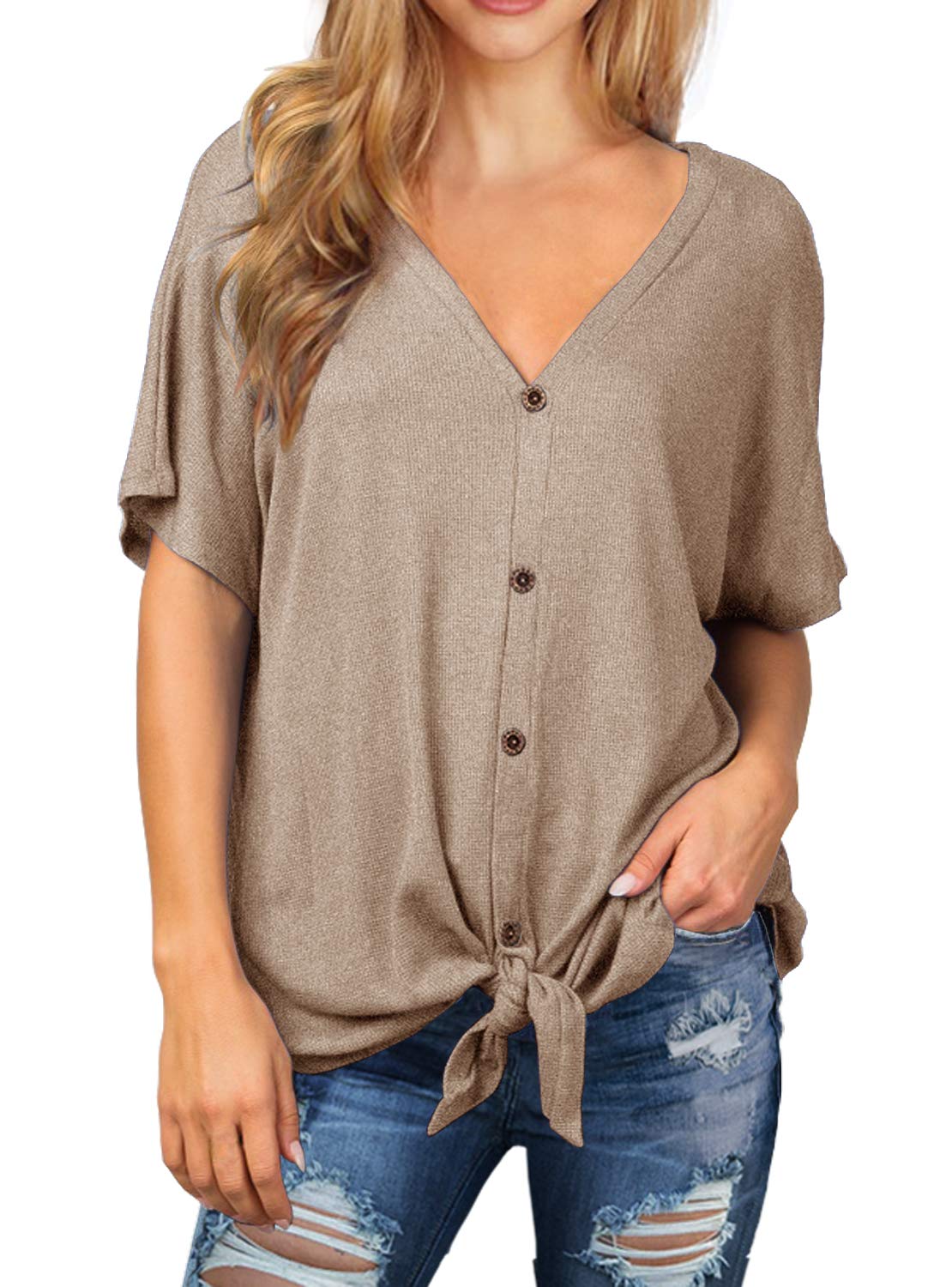 IWOLLENCE Women's Waffle Knit Tunic Blouse - Tie Knot Short Sleeve Henley Top, Loose Fit Batwing Shirt for Casual Wear, Office & Date Night Outfits