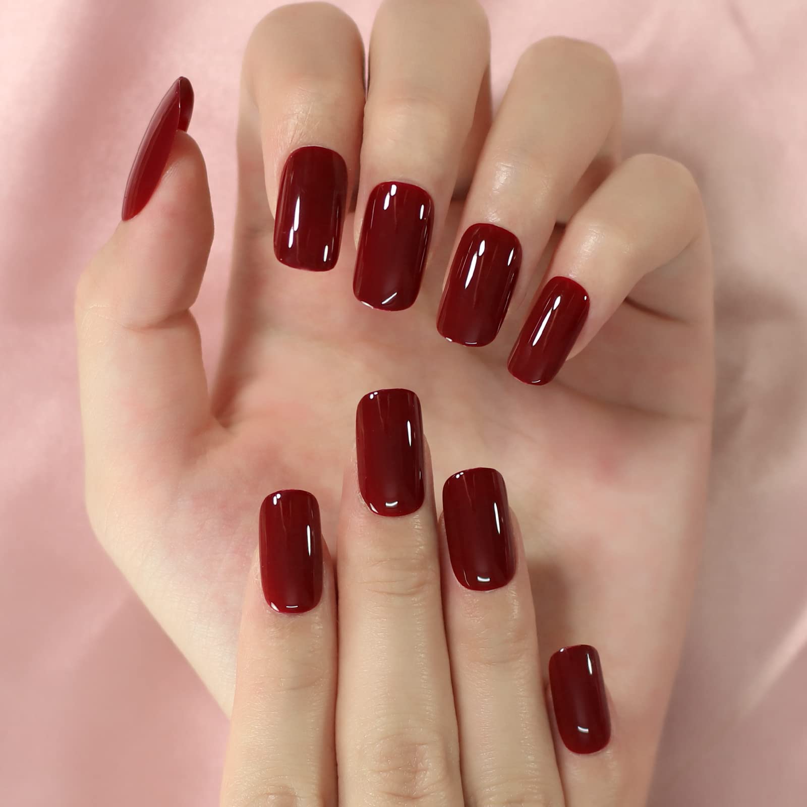 Burgundy Claret Red Press On Nails - Short Square Fake Nails with UV Gel Finish | 24-Piece Reusable Nail Kit with Jelly Glue & 10 Sizes | Perfect for Parties, Weddings, Date Nights & Everyday Wear