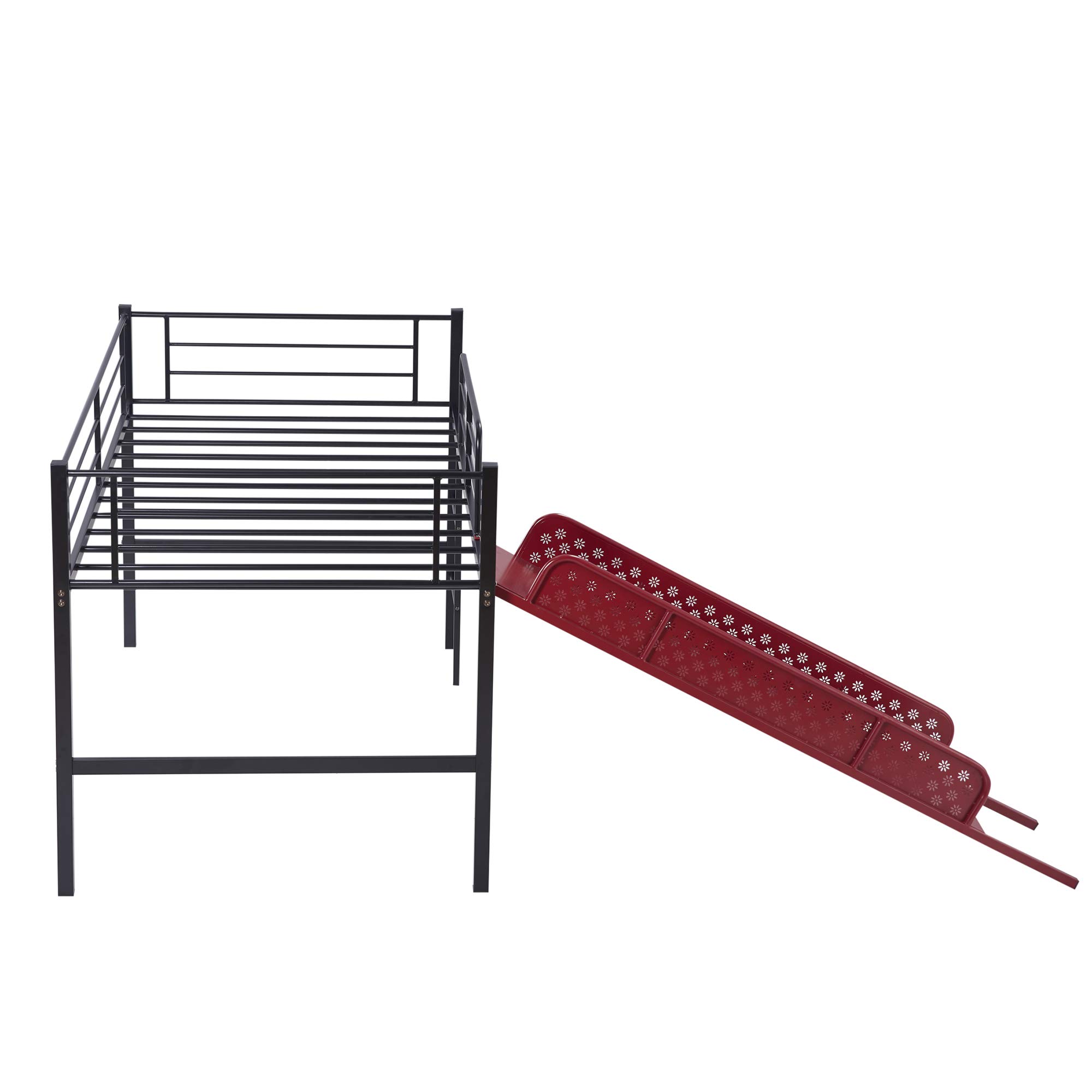 **Kids Twin Loft Bed with Slide - Sturdy Metal Low Loft Bed, Built-in Ladder & Safety Guard Rail, Multifunctional Space-Saving Design, No Box Spring Required (Red) - Perfect for Small Bedrooms, Playrooms & Dorm Rooms**