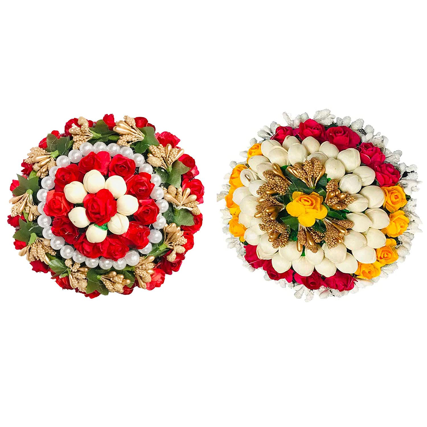 GadinFashion™ Artificial Flower Hair Bun Gajra - 2 Pack Fake Hair Flowers for Women & Girls - Multi Color Hair Accessories for Weddings, Parties & Boho Styling