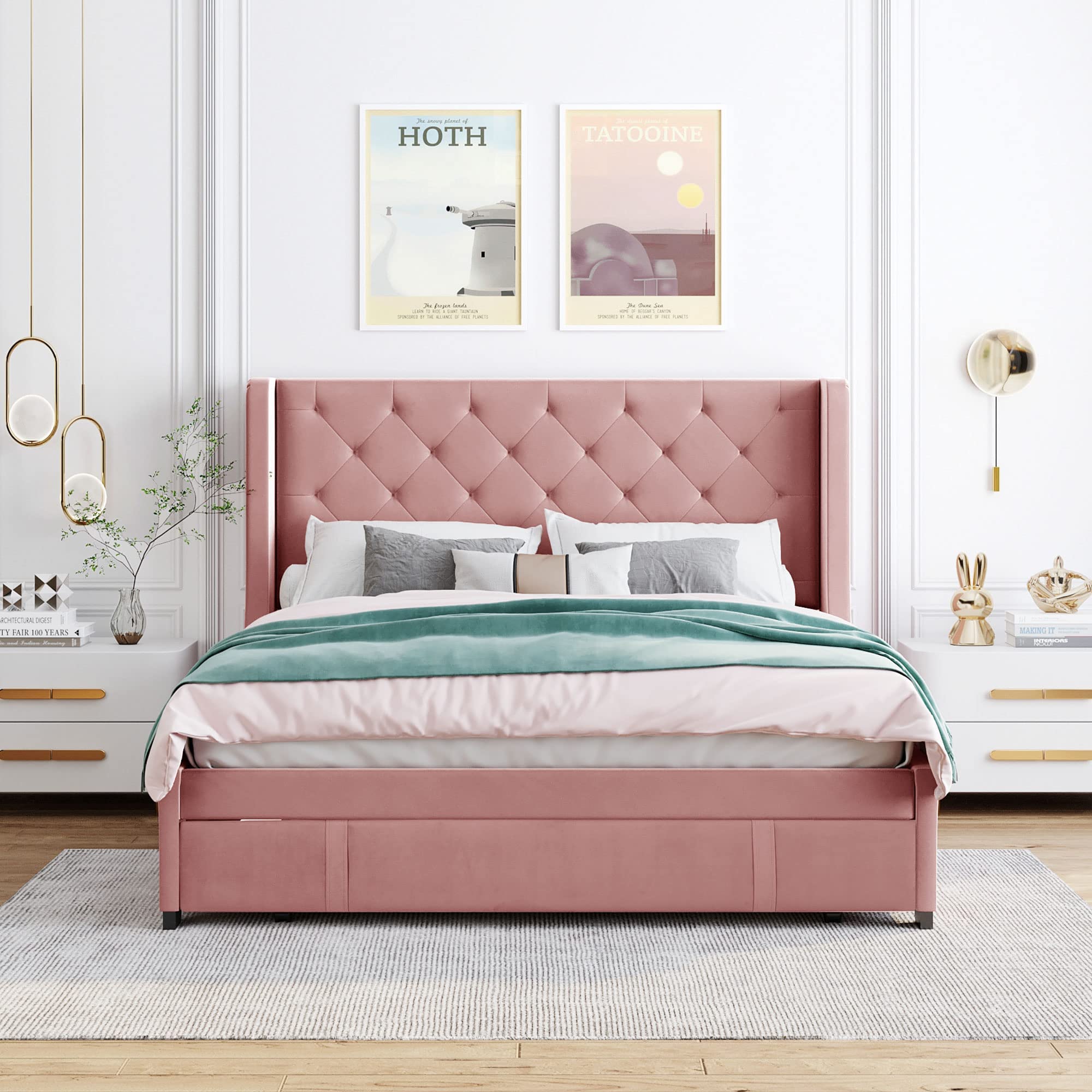 Luxury Queen Bed Frame with Tufted Wingback Headboard & Under Bed Storage - Upholstered Platform Bed with Slats, No Box Spring Needed (Velvet Fabric) - Perfect for Small Bedrooms, Guest Rooms & Apartment Living
