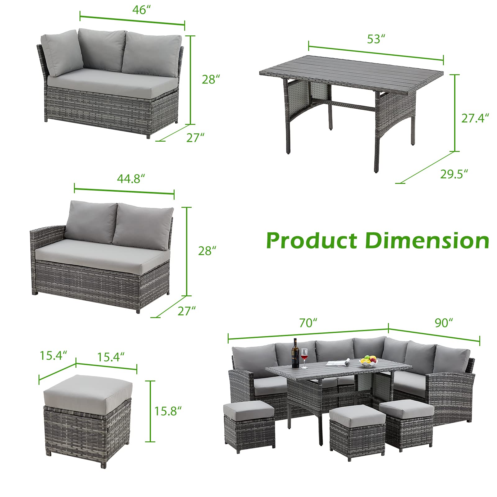 AECOJOY 7-Piece Outdoor Patio Furniture Set - All-Weather Wicker Dining Table & Chairs with Ottoman - Grey Rattan & Cushions for Backyard, Garden, Poolside or Deck Relaxation
