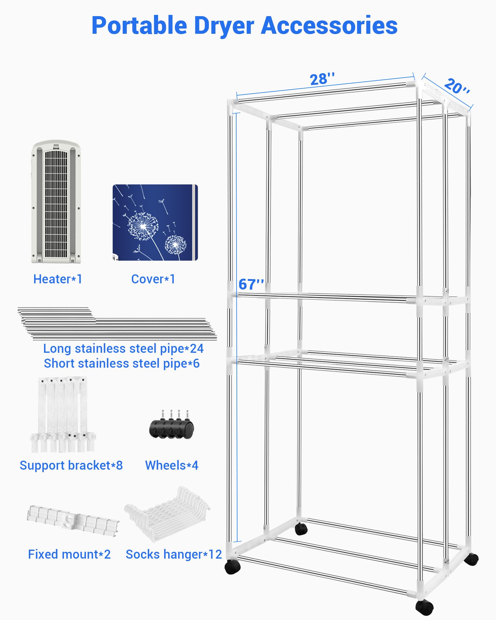Portable Clothes Dryer 1600W 110V - 3 Tier Foldable Drying Rack with Anion Function, 35 lbs Capacity, Energy Efficient - Ideal for Apartments, Dorms, RV Travel & Small Spaces (Blue)