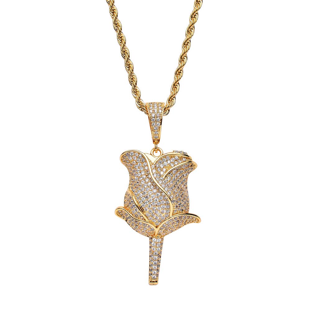 Hip Hop Iced Out Bling Flower Rose Zircon Pendant Necklace with 24 Inch Rope Chain for Men & Women - Perfect for Streetwear, Parties, and Gift Giving