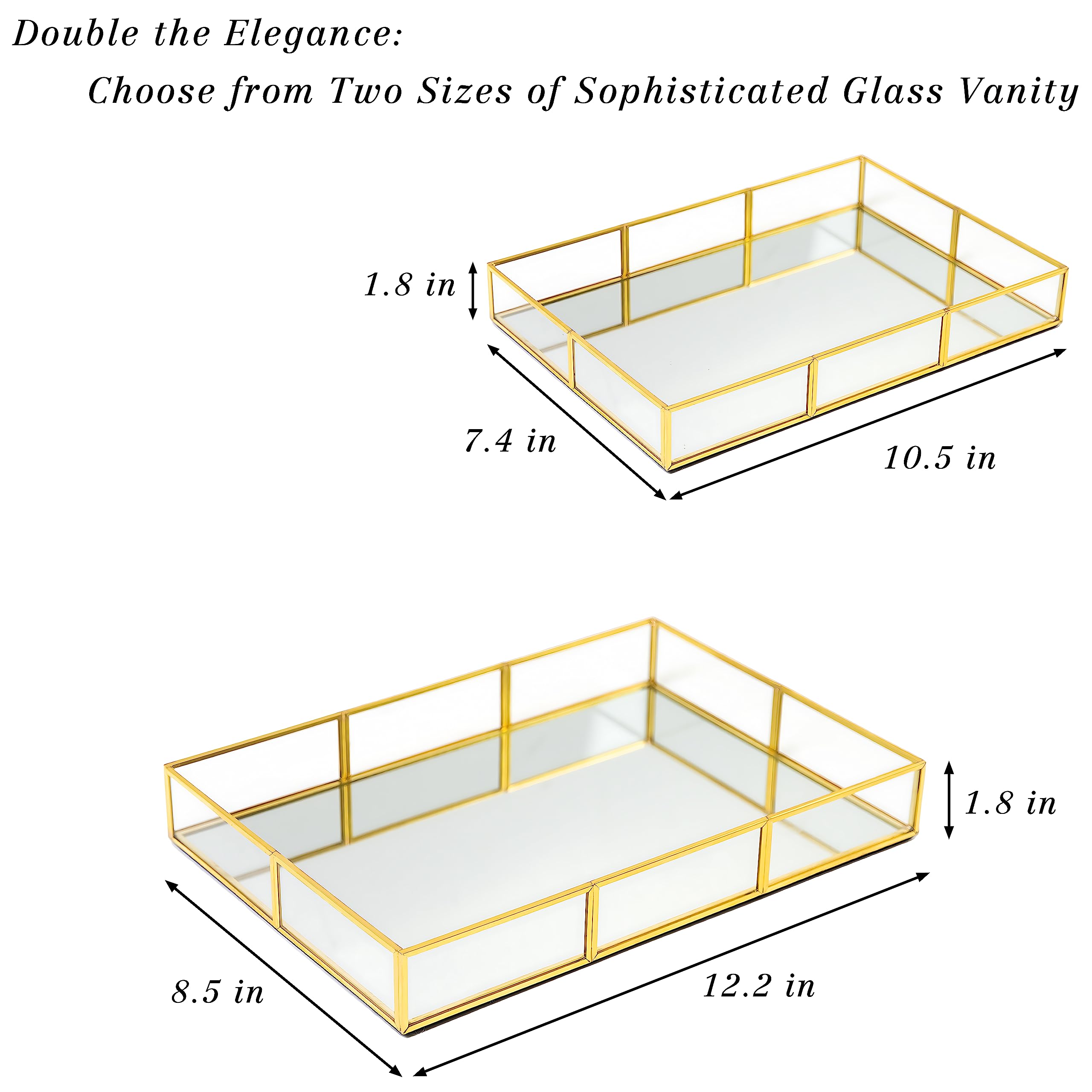 Gold Vanity Tray Set of 2 - Decorative Perfume & Jewelry Tray with Metal Frame for Dresser, Bathroom Counter, Nightstand - Perfect for Organizing Fragrances, Rings, Earrings & Home Decor Accessories