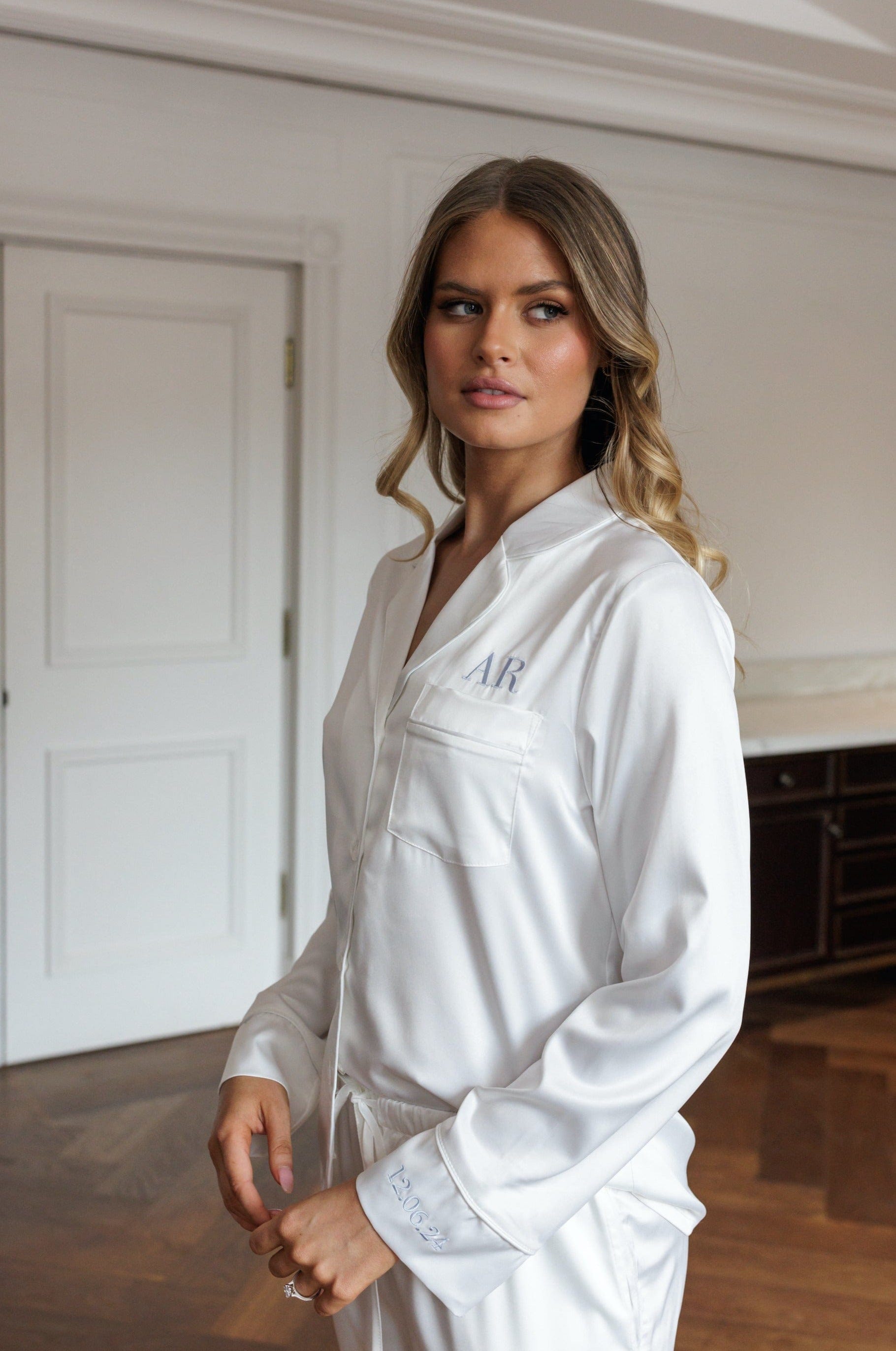 Sienna Premium Satin Bridesmaid Pajama Set - Soft White Sleepwear for Women - Perfect for Bachelorette Parties, Bridal Showers & Wedding Night Gifts
