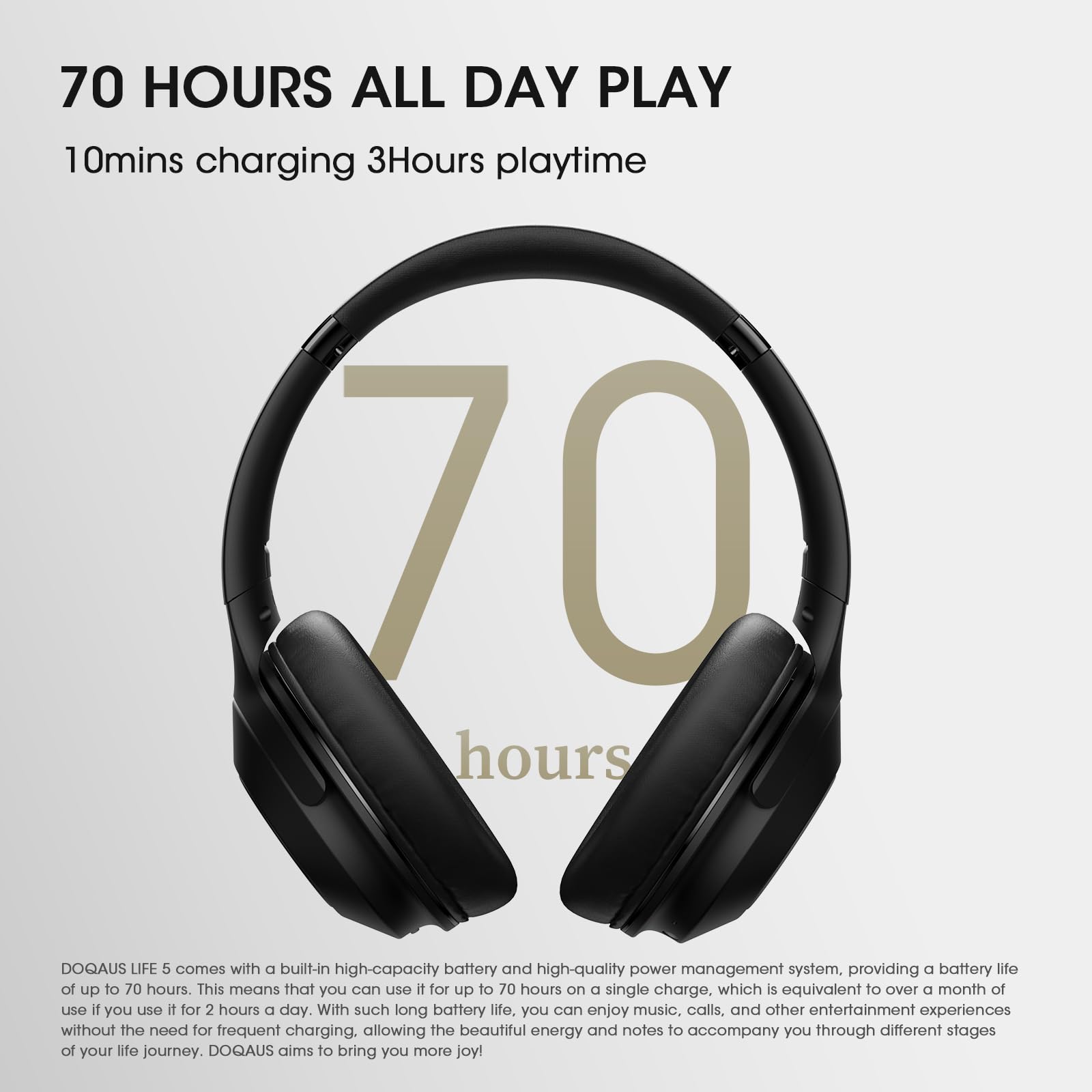 DOQAUS Wireless Bluetooth Headphones with Microphone - 70 Hours Playtime, Hi-Fi Stereo Sound, 3 EQ Modes, Foldable Design for iPhone, Android, PC - Perfect for Travel, Office, Gym & Commuting (Black)