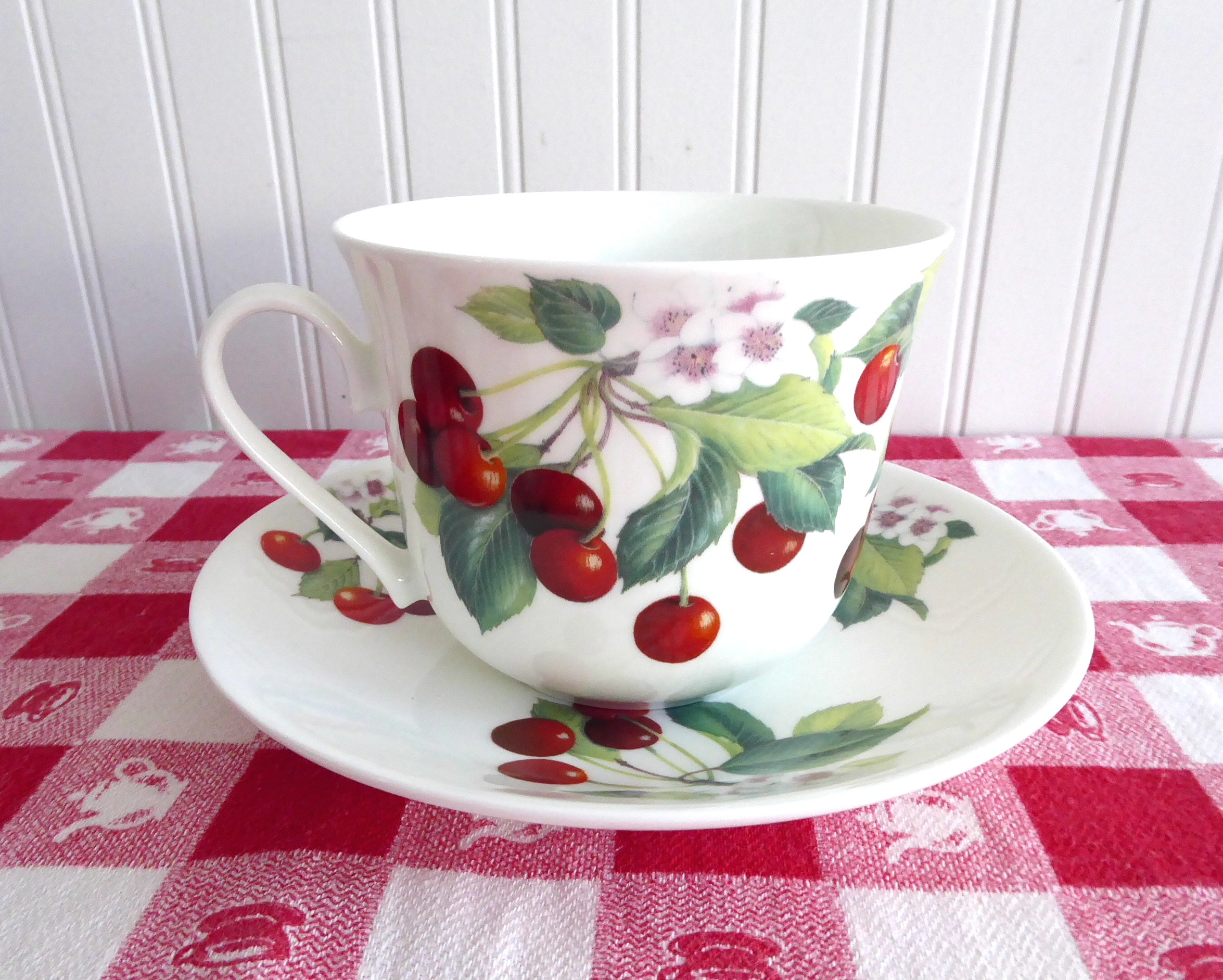 Roy Kirkham Bone China Cherry Breakfast Cup and Saucer Set - Large Red Cherry Design for Tea, Coffee, and Elegant Morning Dining
