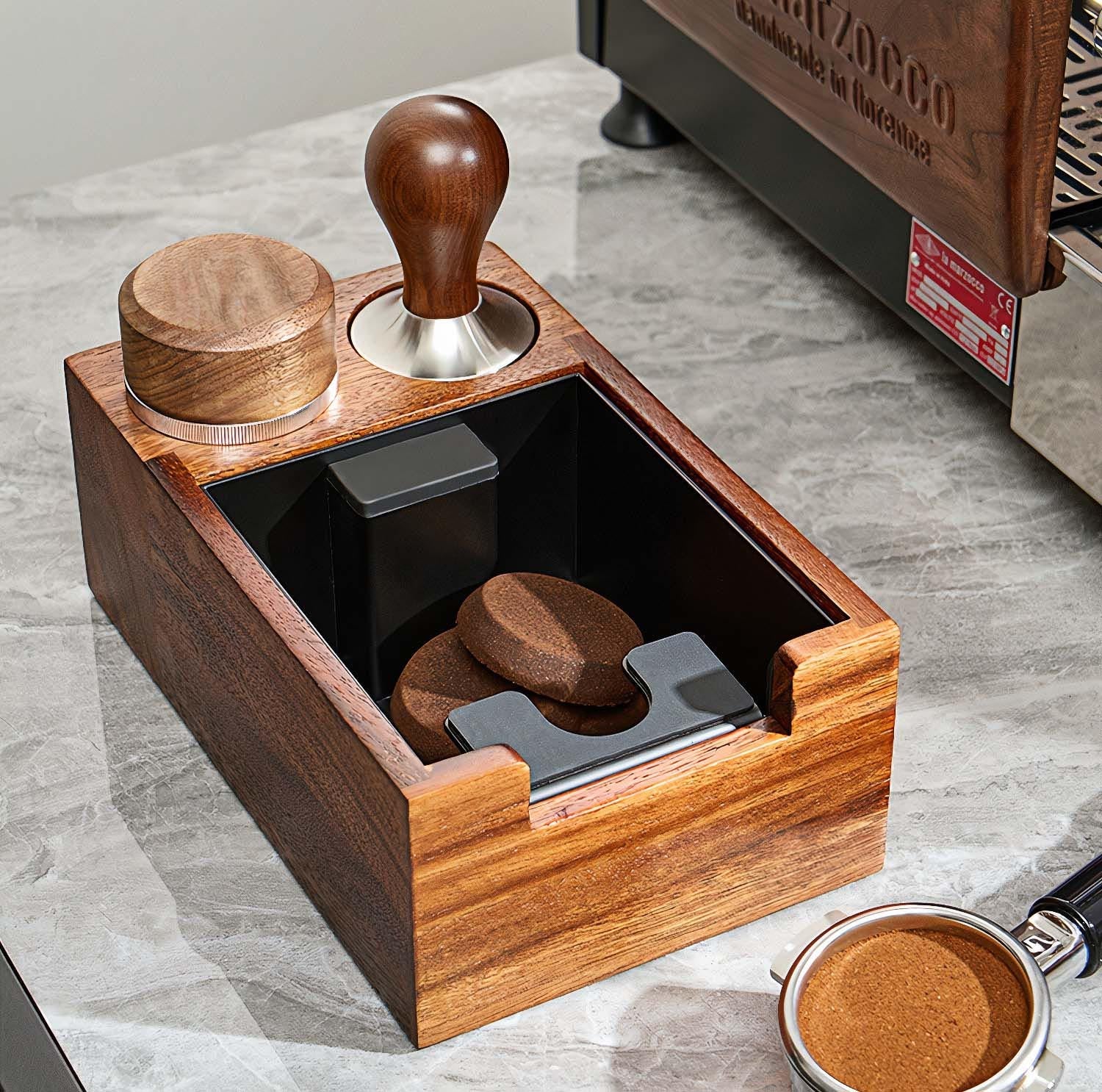 Premium Wooden Coffee Tamper Station with Built-in Knock Box - Barista-Grade Espresso Accessory for Home & Professional Use - Perfect for Coffee Shops, Kitchens & Gifts