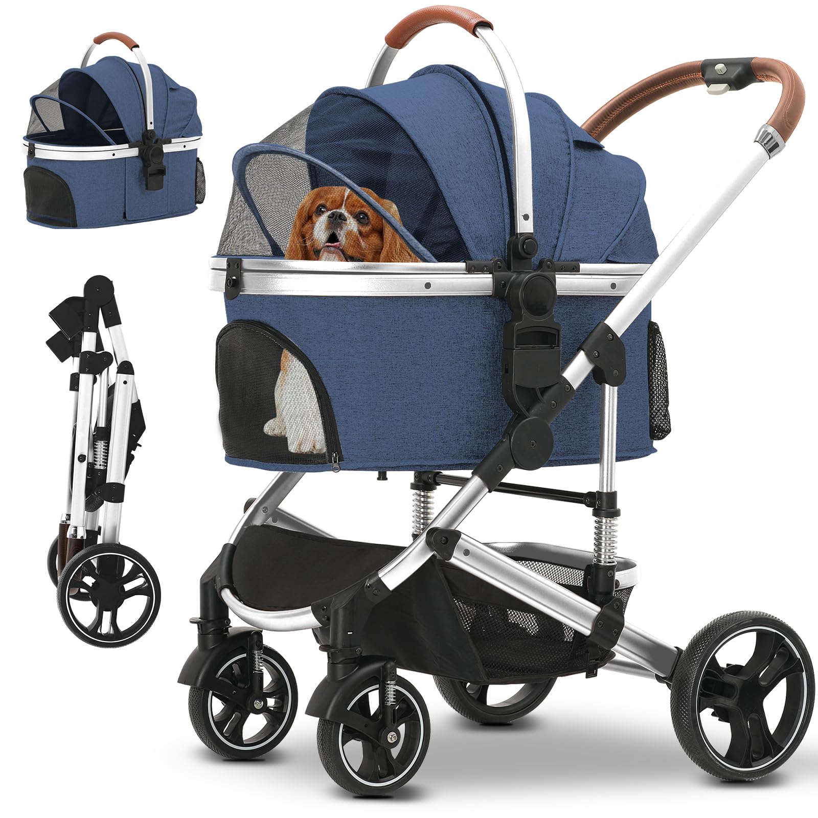 Premium 3-in-1 Folding Lightweight Pet Stroller with Detachable Carrier & Storage Basket - 4-Wheel Travel Stroller for Dogs, Puppies & Cats (Dark Blue) - Perfect for Vet Visits, Outdoor Walks & Shopping Trips