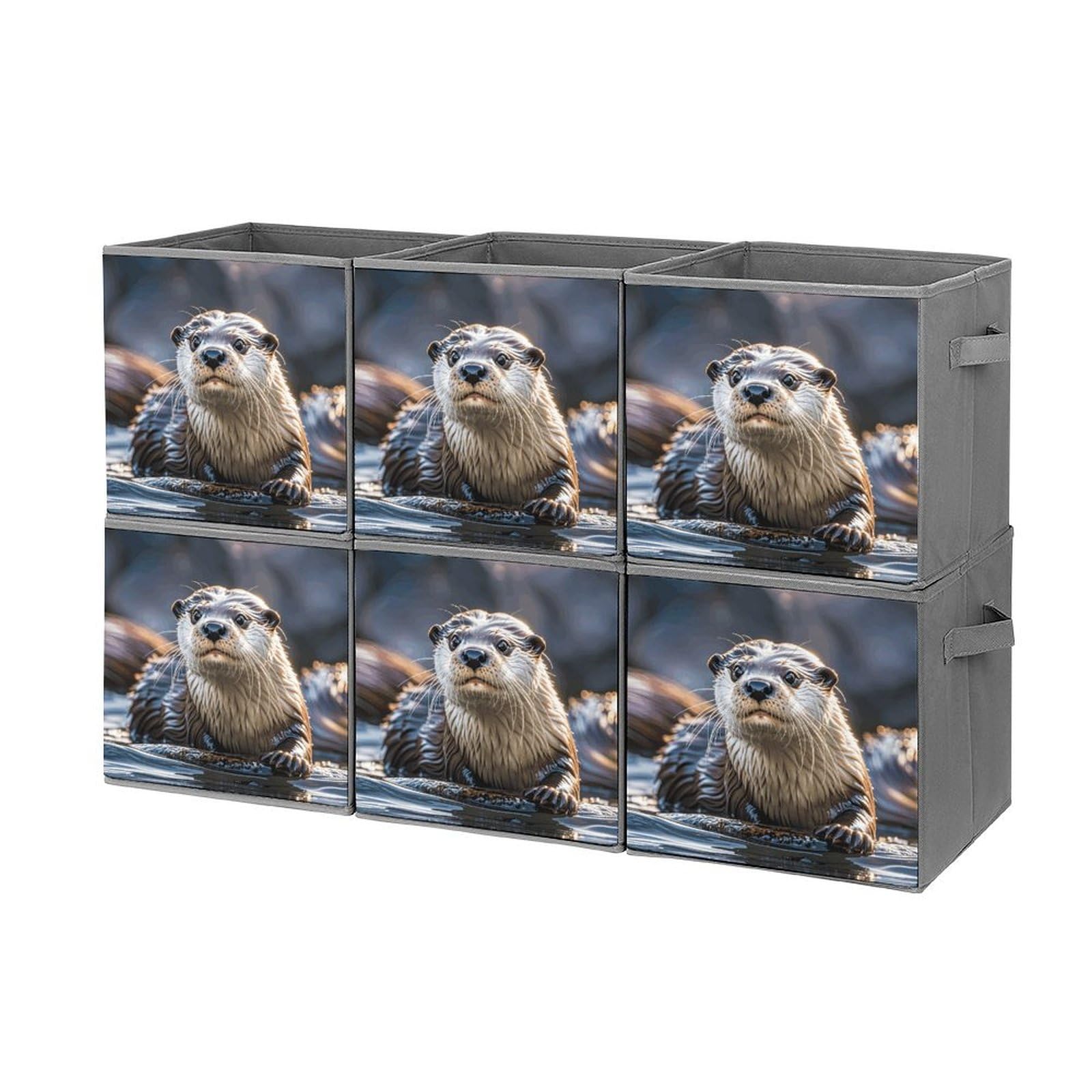 6PCS Collapsible Storage Bins with Handles - Otter Printed Foldable Organizing Boxes for Home, Kitchen, Bathroom & Office - Space Saving Storage Containers for Shelves, Cabinets & Closet Organization