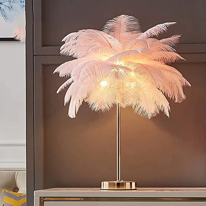 KunMai Pink Feather Table Lamp with Plug-in Wire - 3-Light Modern Bedside Lamp for Bedroom, Living Room & Nursery - Gold Accent Decorative Lighting for Home Decor