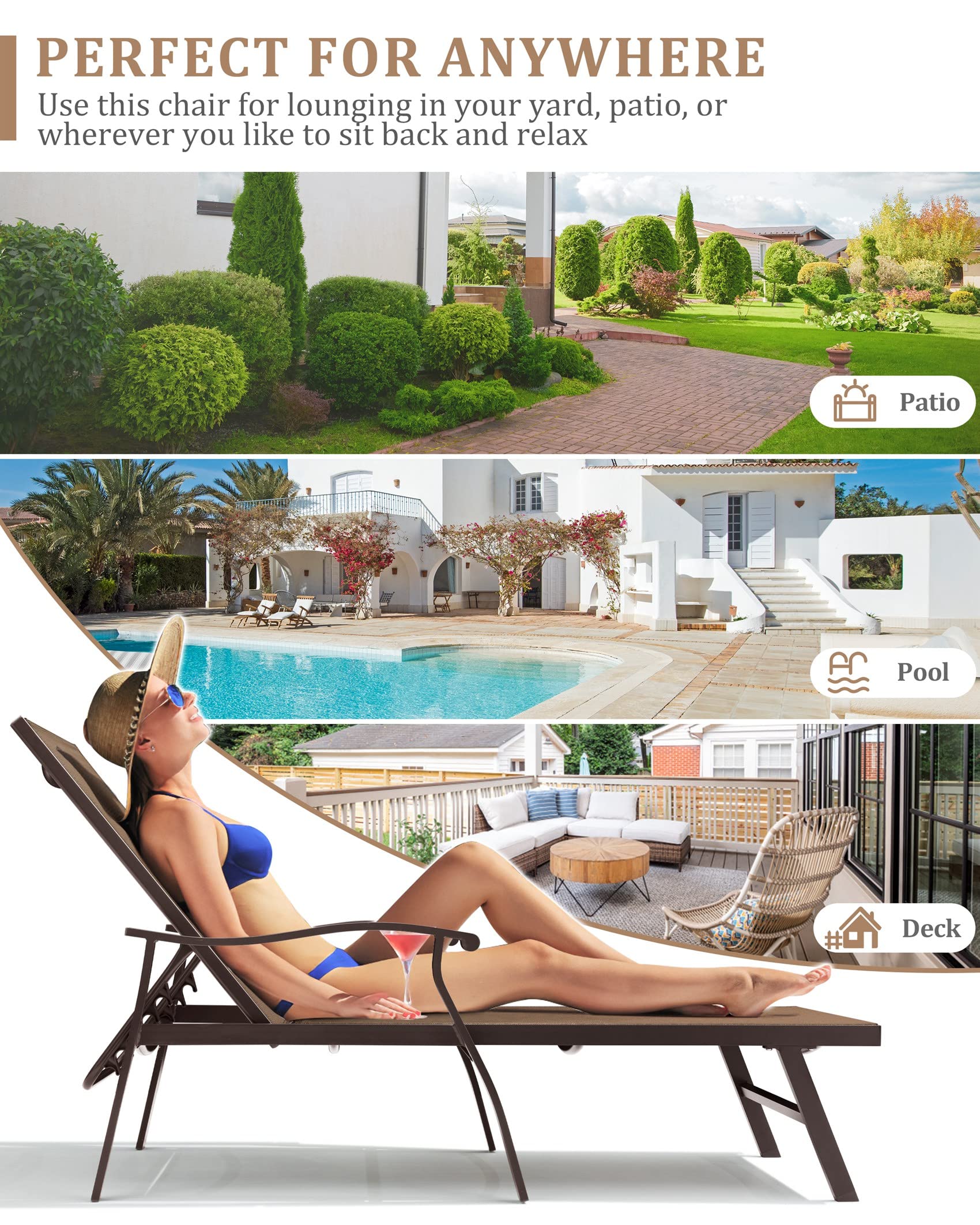 2PCS Outdoor Chaise Lounge Chairs Set - 5-Position Adjustable Backrest, Ergonomic Armrests, All-Weather Textiline Fabric & Aluminum Frame - Perfect for Patio, Beach, Poolside, Backyard Relaxation (Brown)