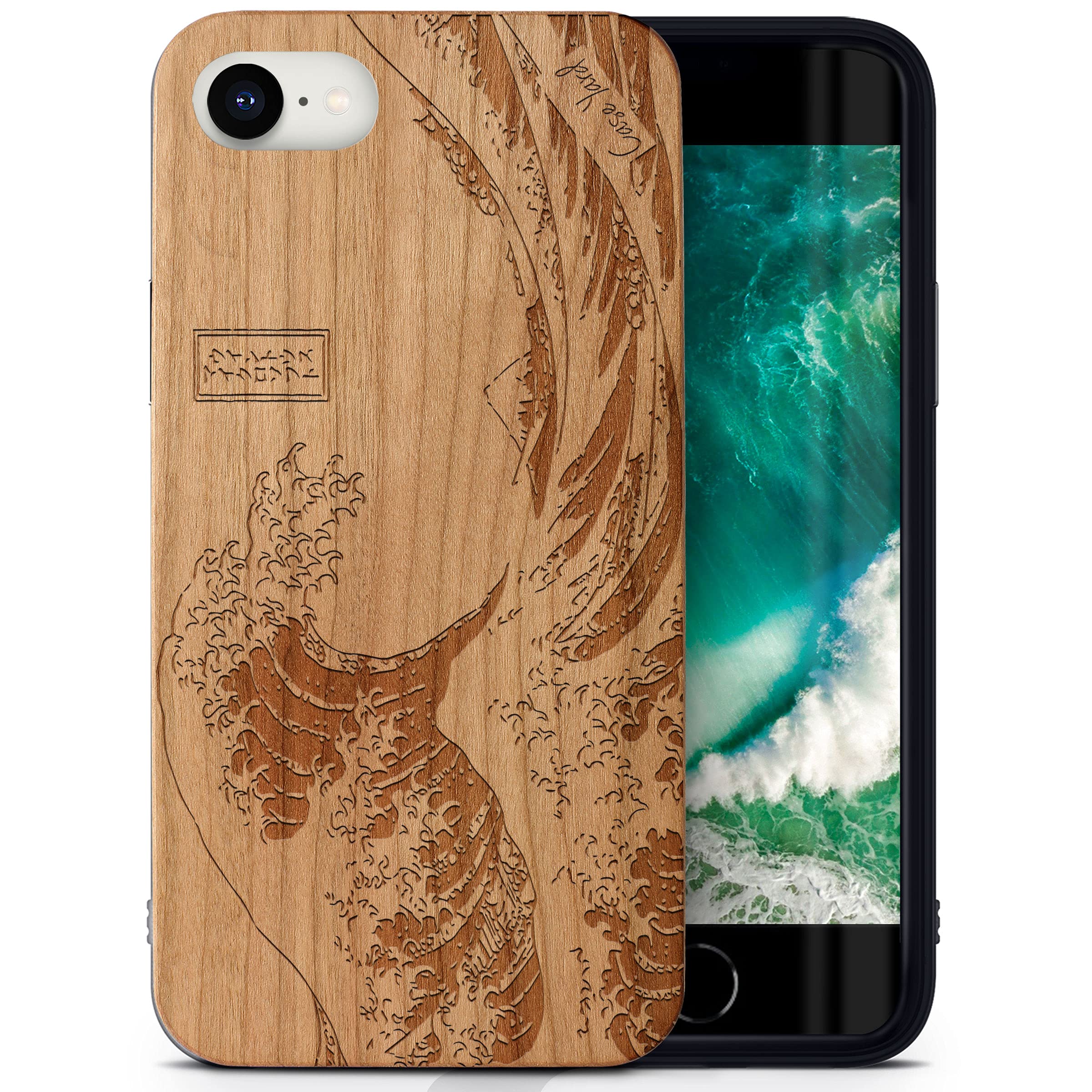 CaseYard Cherry Wood iPhone SE Case - Laser Engraved Great Wave Design | Slim Fit Shockproof Protective Cover for iPhone SE (2020/2022) | Durable Wooden Phone Case for Men & Women | Perfect for Outdoor Adventures & Daily Use