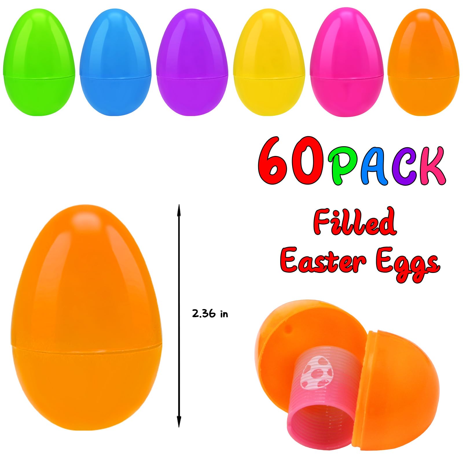 60 Pcs Prefilled Easter Eggs with Assorted Toys - Plastic Easter Eggs Filled with Fun Surprises for Easter Egg Hunts, Basket Stuffers & Party Favors - Perfect for Boys & Girls Easter Celebrations, Classroom Activities & Birthday Party Games