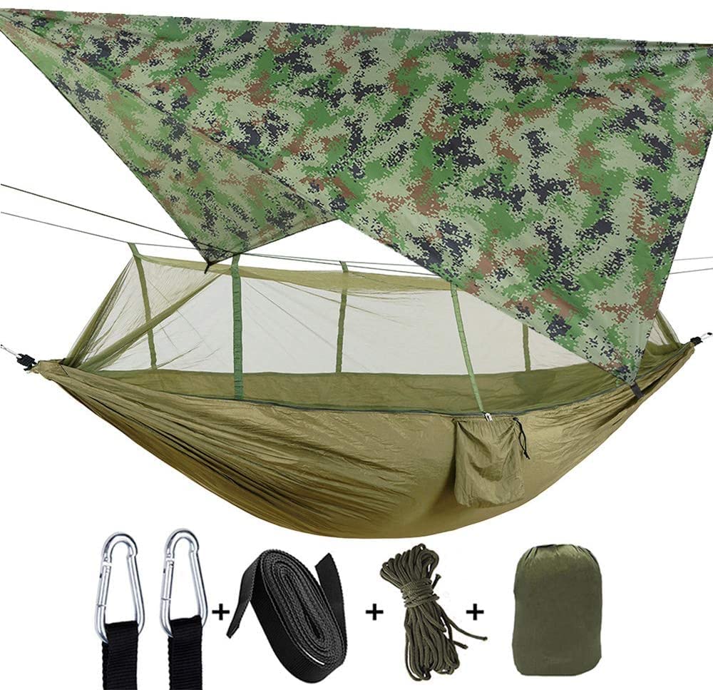 Futchoy 2-Person Portable Camping Hammock Tent - Lightweight Waterproof Nylon with Mosquito Net - Heavy Duty Outdoor Sleeping Swing for Backpacking, Hiking & Travel (Camouflage & Dark Green) - Perfect for Camping Trips, Beach Relaxation & Backyard Lounging