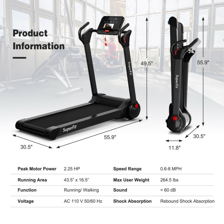 Costway 2.25 HP Folding Electric Treadmill with LED Display & Bluetooth - Home Gym Cardio Equipment for Running, Walking & Fitness Workouts