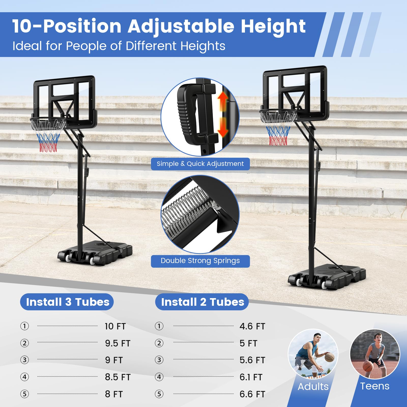 GYMAX 4.6-10Ft Adjustable Basketball Hoop with Shatterproof Backboard - Outdoor Sports for Kids & Adults