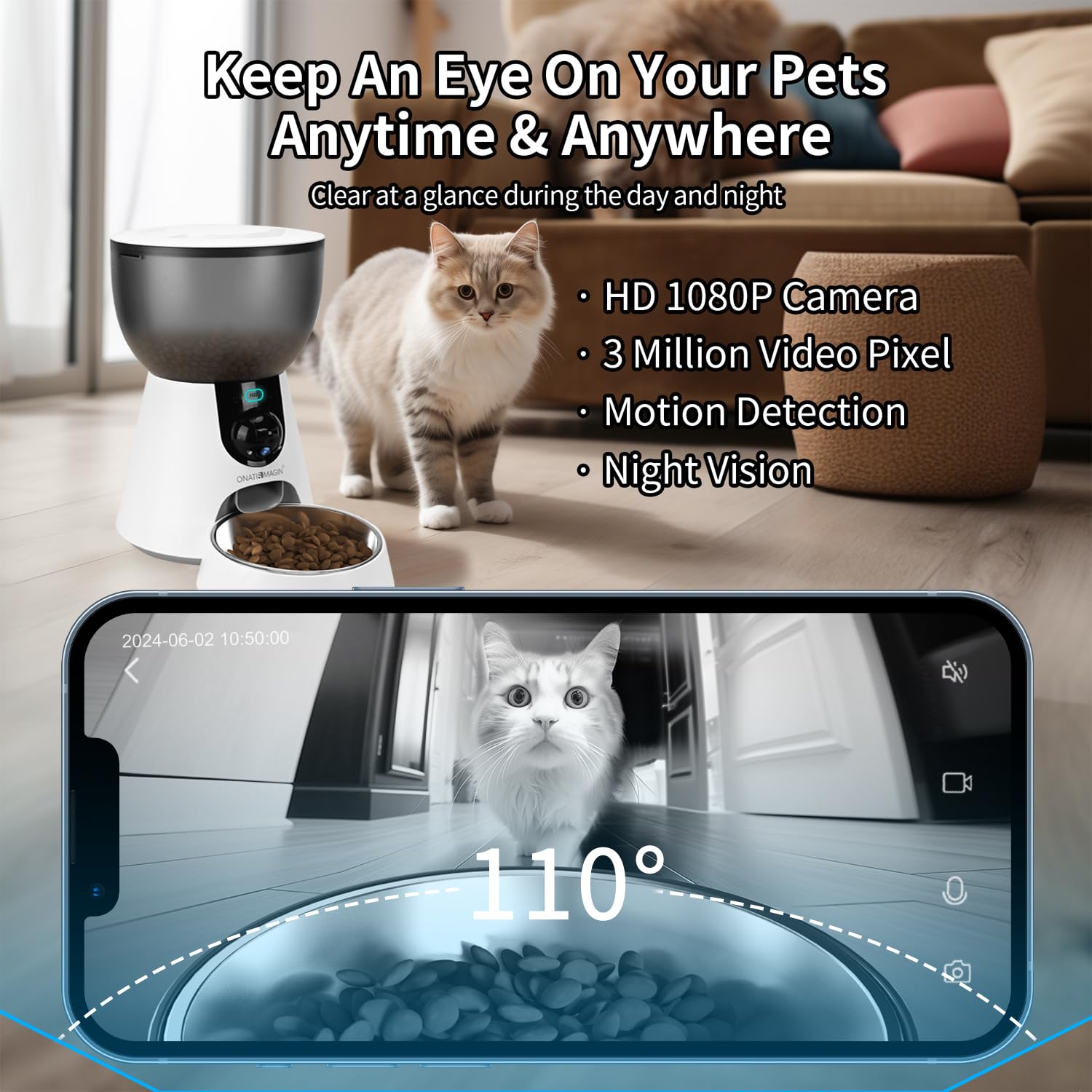 ONATISMAGIN 4L Smart Automatic Cat Feeder with Camera - 1080P HD Video, Night Vision & Two-Way Audio - App Controlled Pet Food Dispenser with Stainless Steel Bowl - Perfect for Cats & Dogs - Ideal for Travel, Work, or Busy Pet Owners